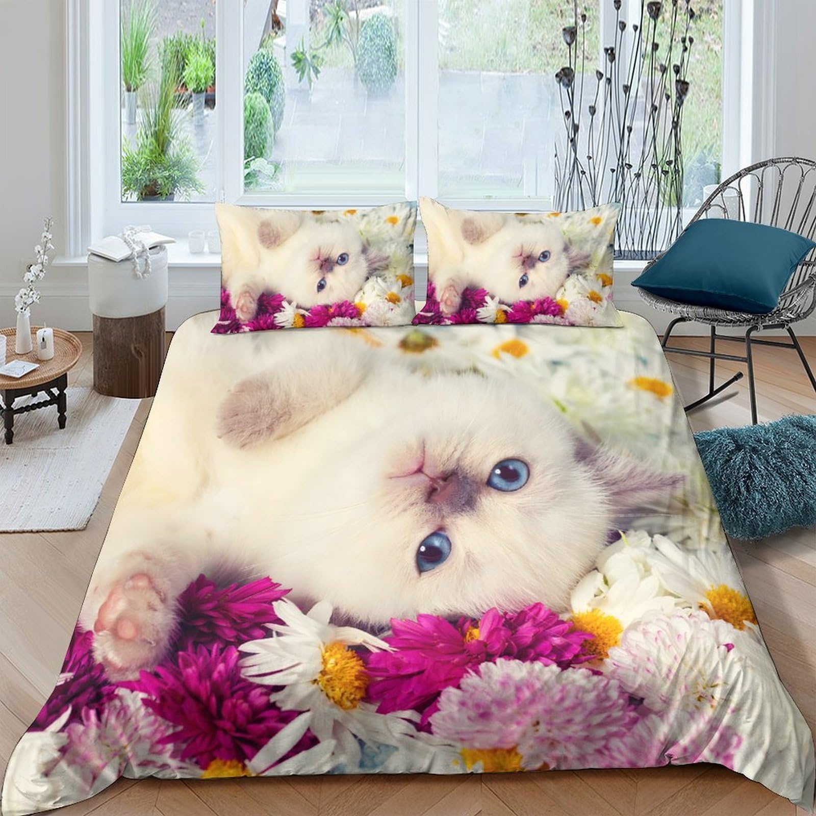 Ctjqhvkz Style-7 3D Printed Fluffy Cat Fitted Sheet Microfiber Pink Floral Bed Cover For Bedroom Guest Room Decor Easy Care Single（135X200cm）
