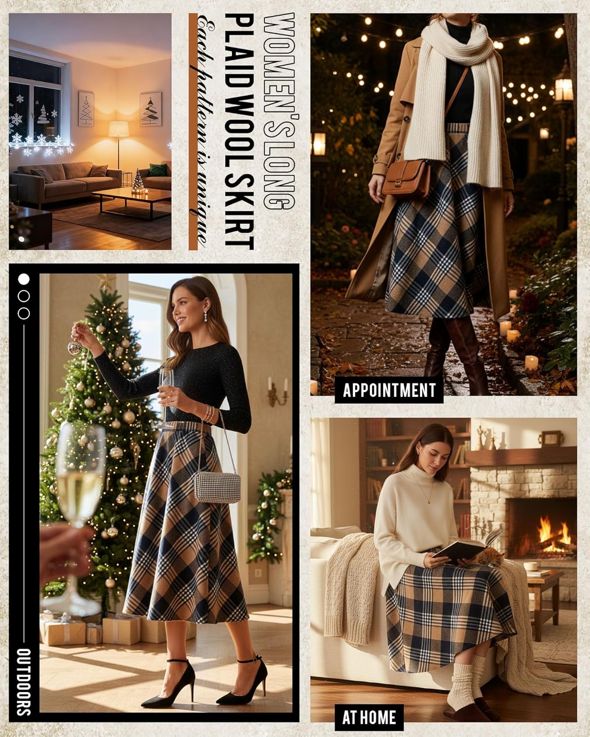 Women's Long Plaid Wool Skirt Fall Winter High Waisted A-line Pleated Tartan Long Skirt with Pockets - Image 2