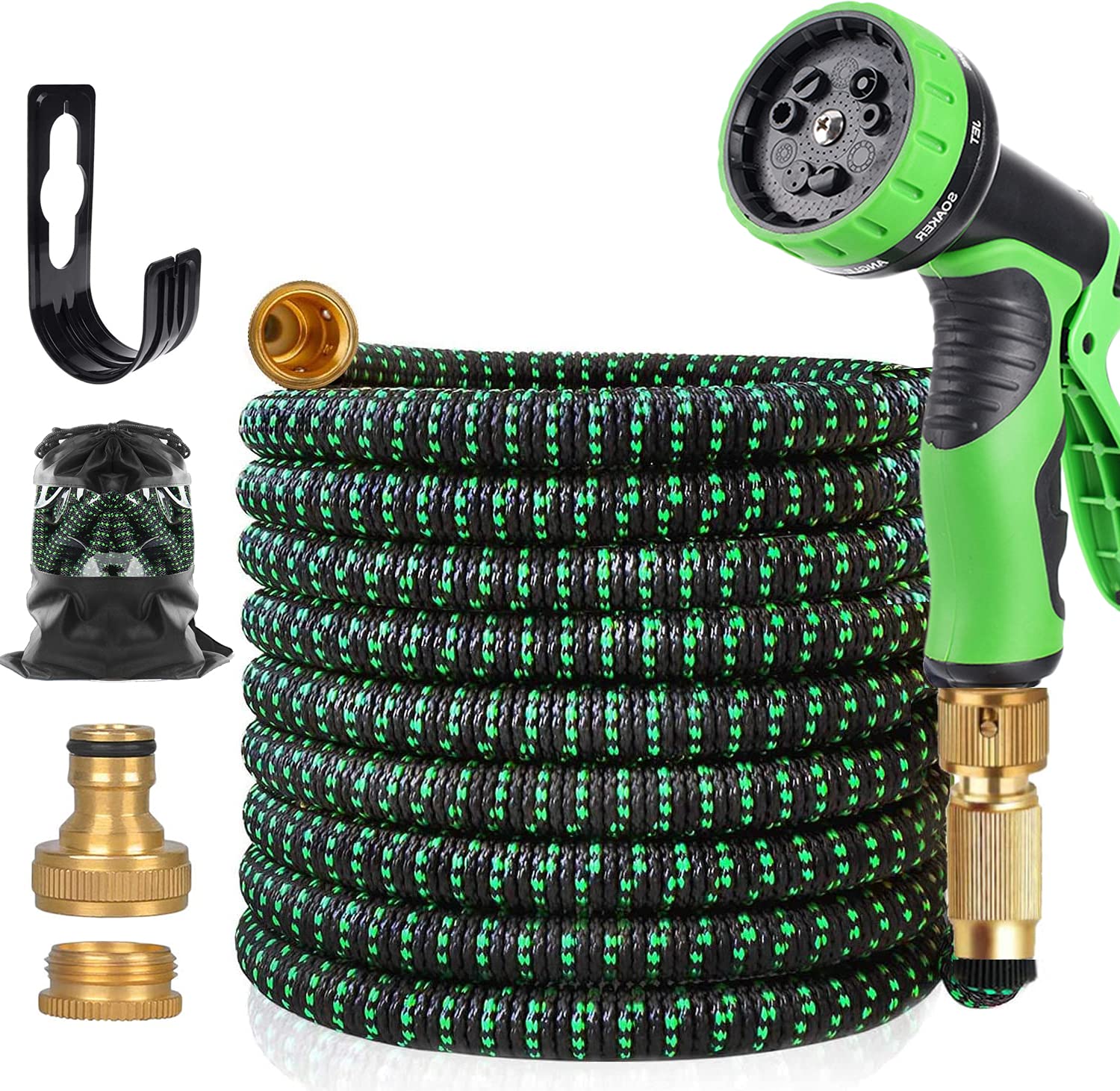 Upgraded 50FT Expandable Garden Hose with 10 Modes Spray Gun, Lightweight Water Hose Pipe Made in 3 Layers of Latex, 3/4"&1/2" Solid Brass Connectors with Garden Hose Holder, Durable 3750D Weave