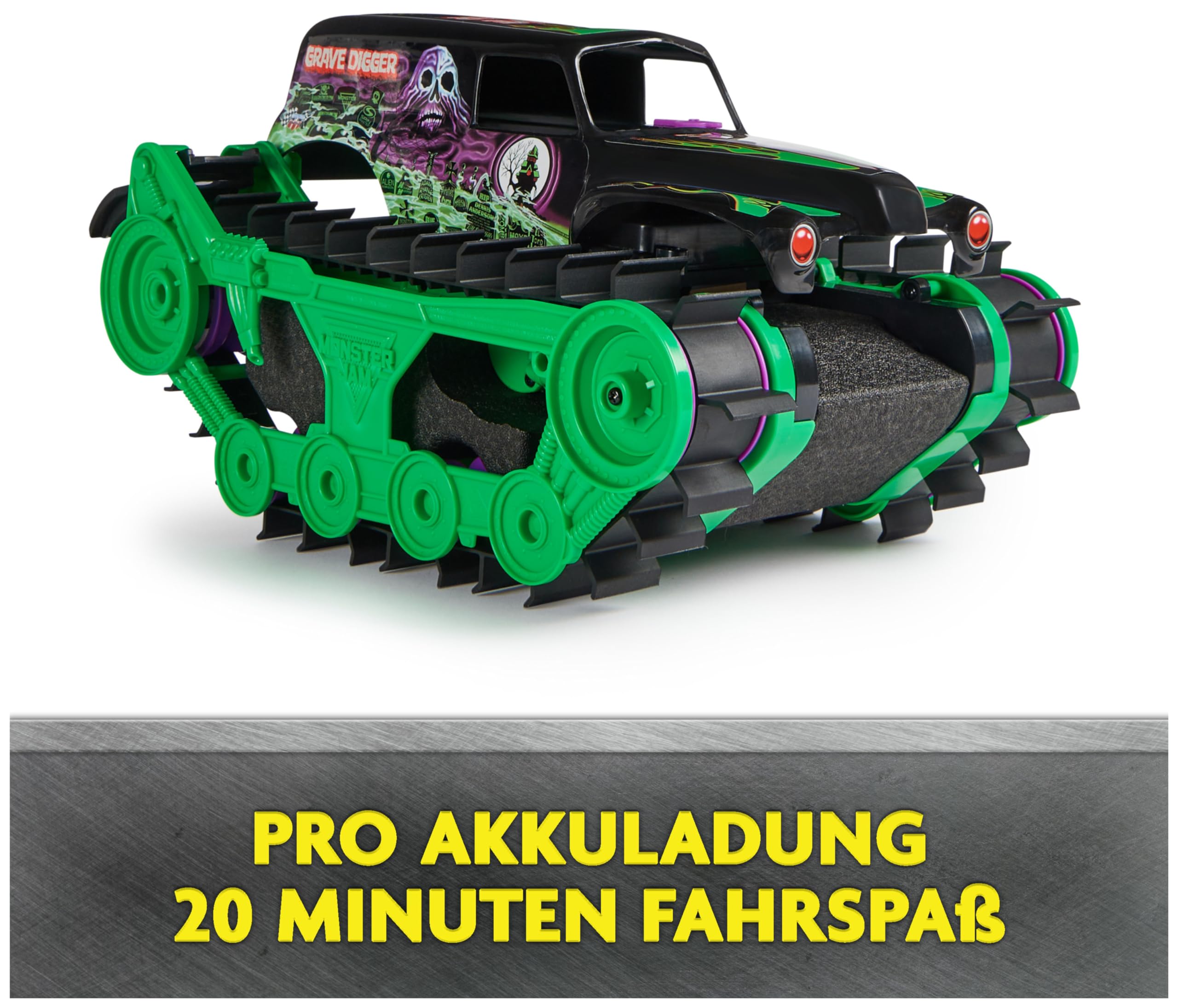 Monster Jam, Grave Digger Trax - RC Monster Truck Kettenfahrzeug Maßstab 1:15, All-Terrain-geländegängig an Land und im Wasser - für Jungen und Mädchen ab 4 Jahren