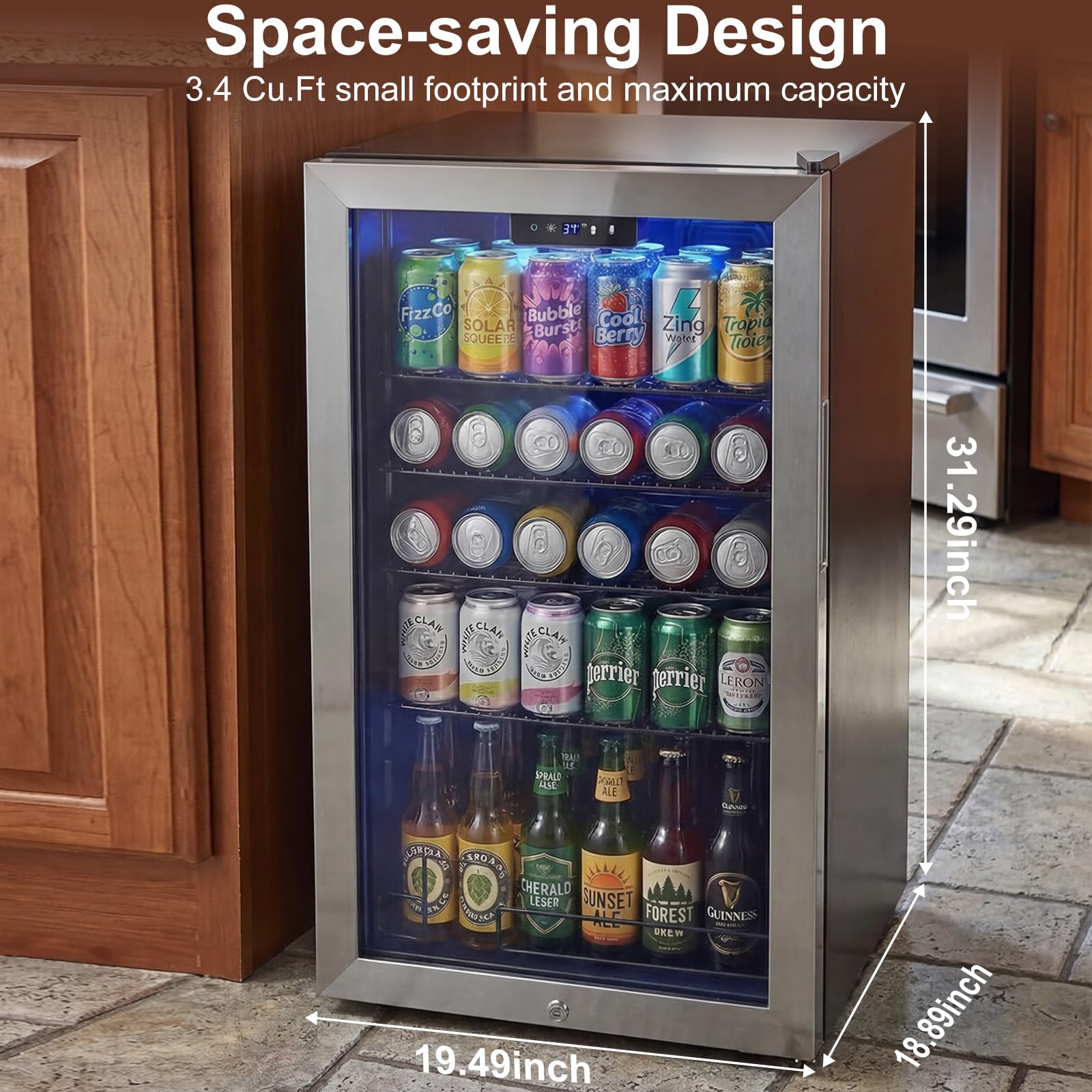 Velieta 20 Inch Beverage Refrigerator, Mini Fridge With Glass Door For Soda Beer– 130 Can Small Fridge For Home Office Bar, 3.4 Cu.Ft Drink Cooler With Reversible Door, Digital Temperature Control on Fridge.com - View 5