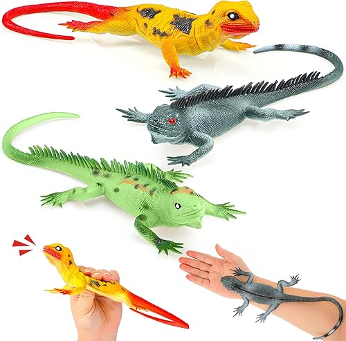 Skylety 3 piezas de juguete de lagarto con sonido de 13.5 pulgadas, juguete de iguana de plástico que presionará hará un sonido, figuras de animales