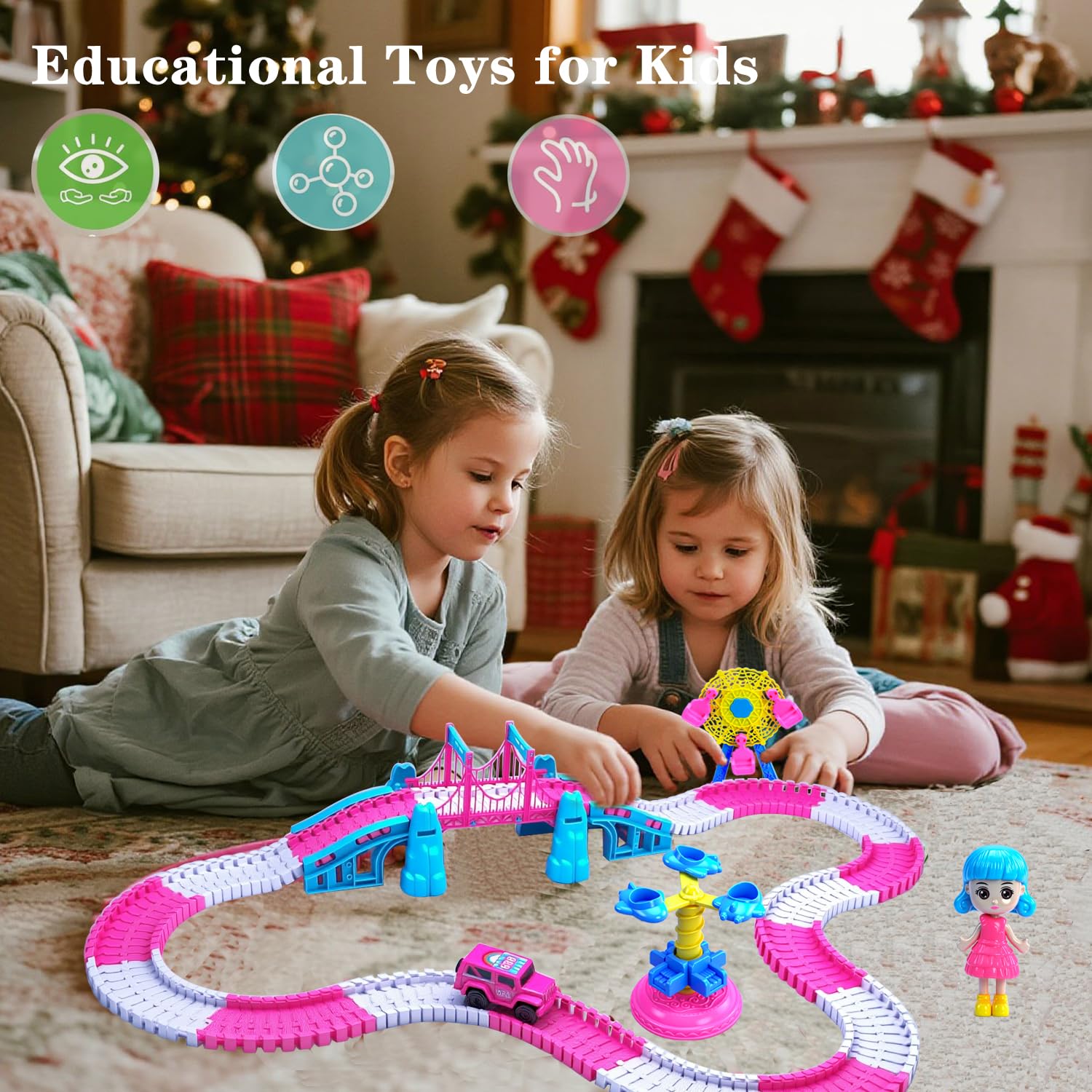 Pistas de carreras para niños de 4 a 8 años, 203 piezas de juguetes eléctricos de pistas mágicas rosas, juego de pistas de automóvil flexible, juguetes para niñas, regalos de cumpleaños para niñas de 2