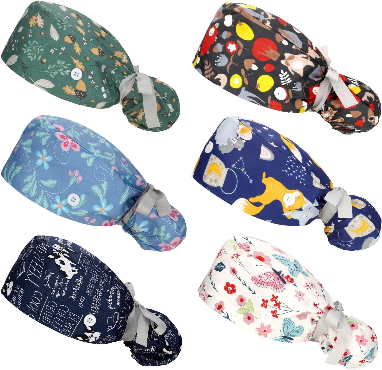 Honoson 6 Pcs Scrub Caps for Women with Buttons, Adjustable Bouffant Surgical Caps with Ponytail Holder, Cotton Nurse Hats