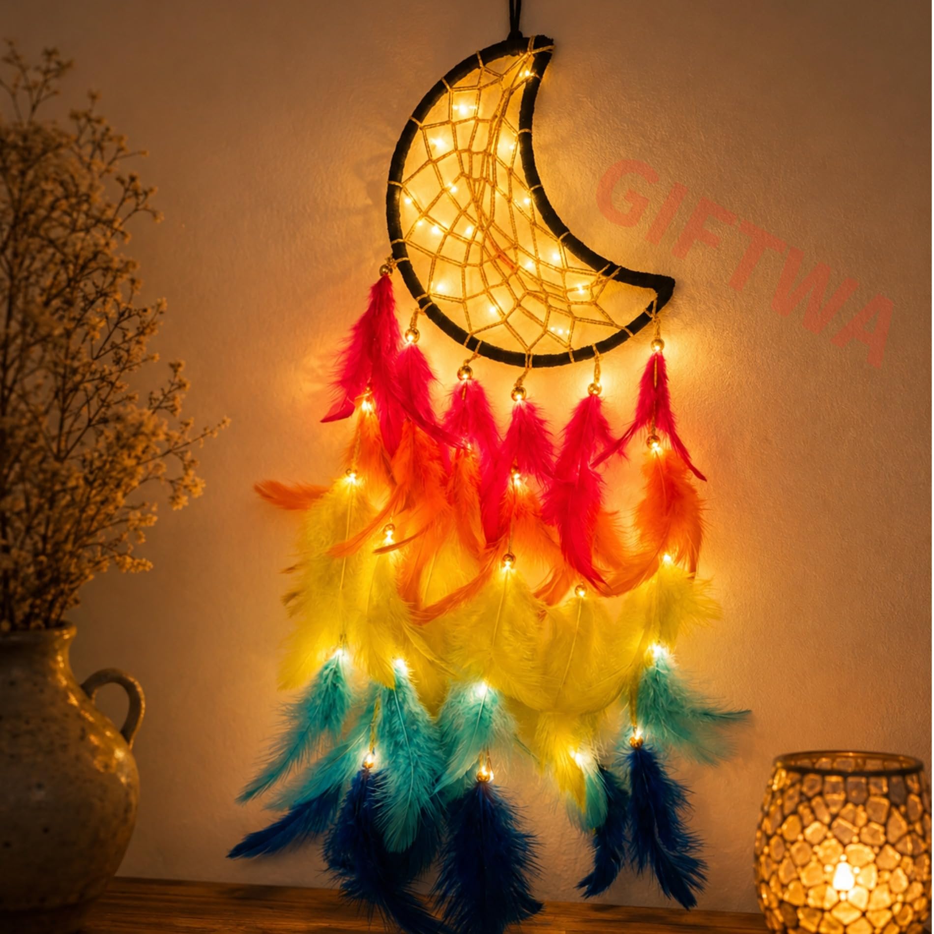 Handmade Moon Shape Dream Catcher with Warm LED Lights, Rainbow Feather Wall Hanging for Home Decor, Bedroom Decoration, Kids Room and Positive Energy-image-2