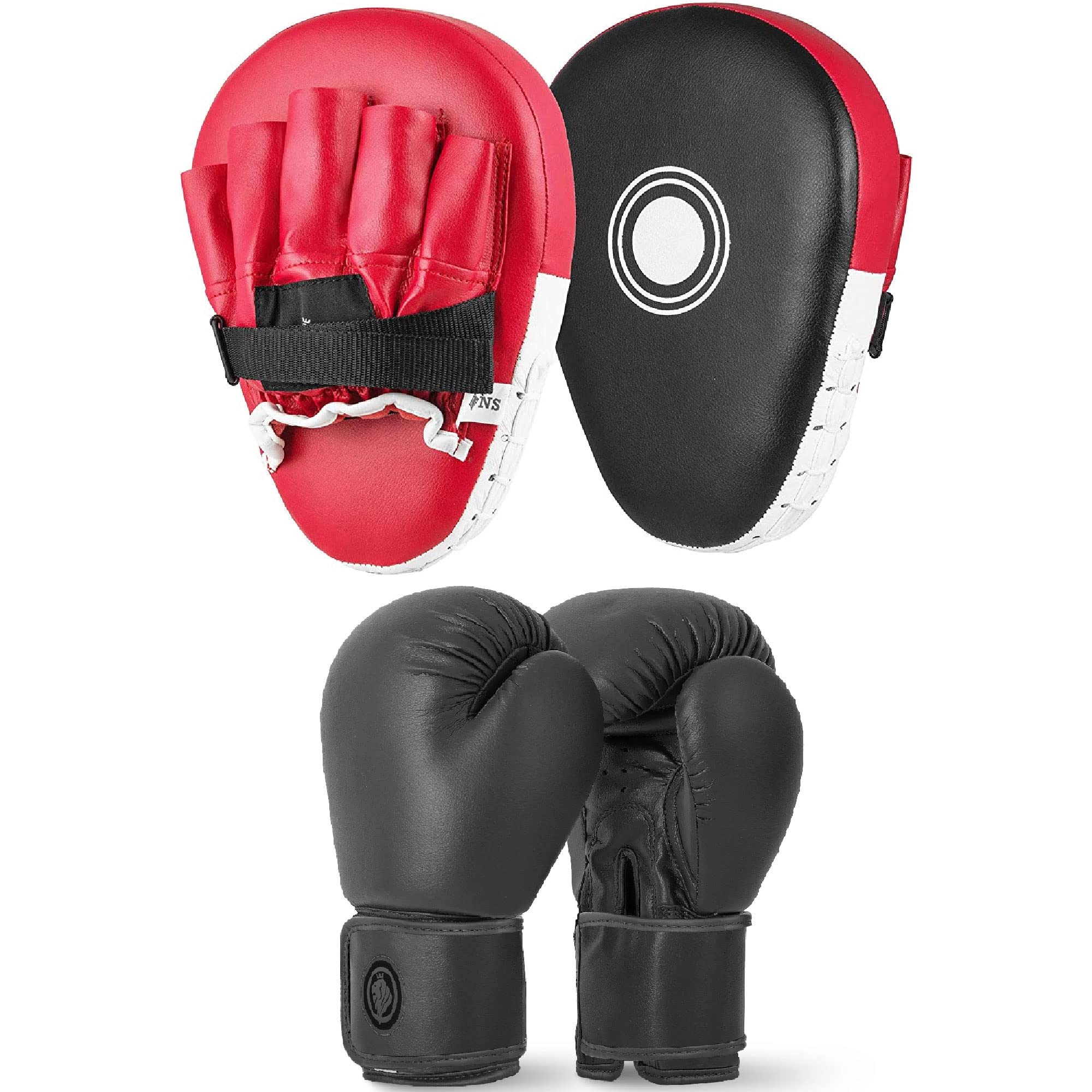 Lions Boxing Set Focus Pads and Gloves Mitts Punch Bag MMA Training Hook & Jab, Men Women Adult Kids Unisex Sparring Martial Arts Karate Fitness Exercise Sets (Red Straight, 10OZ)