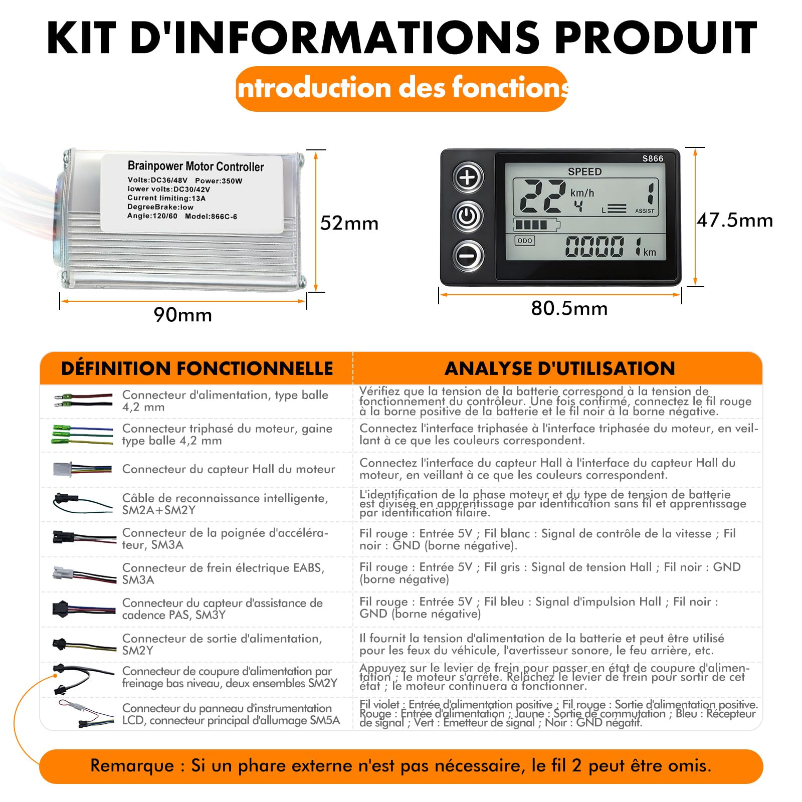 Kit de Contrôleur de Moteur sans Balais pour Vélo Électrique, 36V 48V 350W 13A Contrôleur de Moteur Brushless avec Panneau d'Affichage LCD S866 Étanche pour Trottinette Électrique