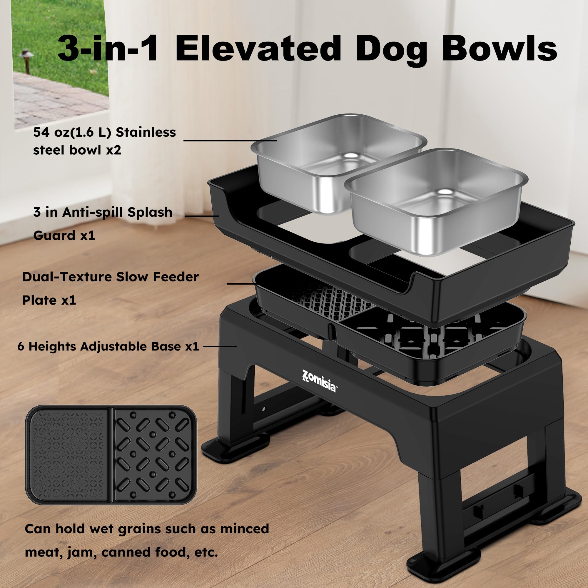 ZOMISIA 3-en-1 Comedero Perro Elevado – 6 Alturas Ajustables 17-40cm, 2 Cuencos de Acero Inoxidable 1,6L y Antivoracidad, para Perros Pequeños, Medianos y Grandes, Plegable y Antideslizante