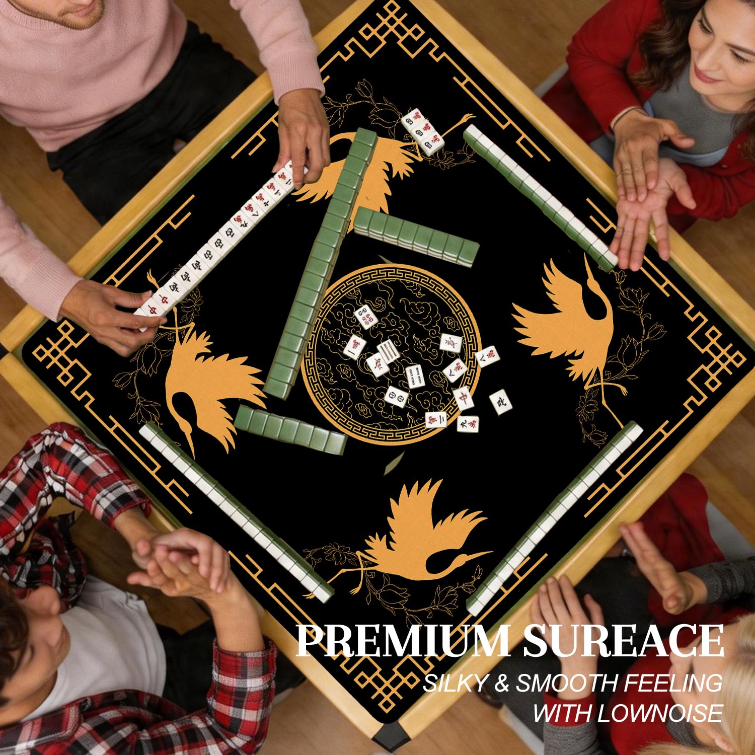 Tapete de mahjong de pájaro chinoiserie negro y dorado de 31.5 x 31.5 pulgadas, tapete de mesa tradicional chino antideslizante con reducción de ruido para mah jong póquer americano juegos de