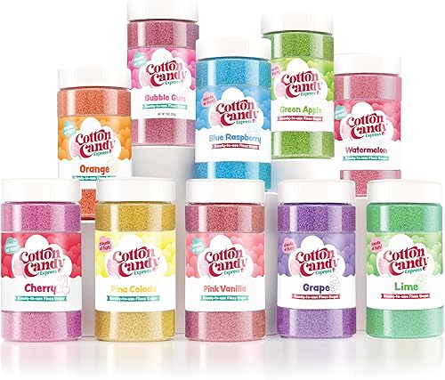 Cotton Candy Express Paquete variado de azúcar de hilo dental, 10 frascos de plástico de 11 onzas de piña colada, naranja, chicle, uva, sandía,