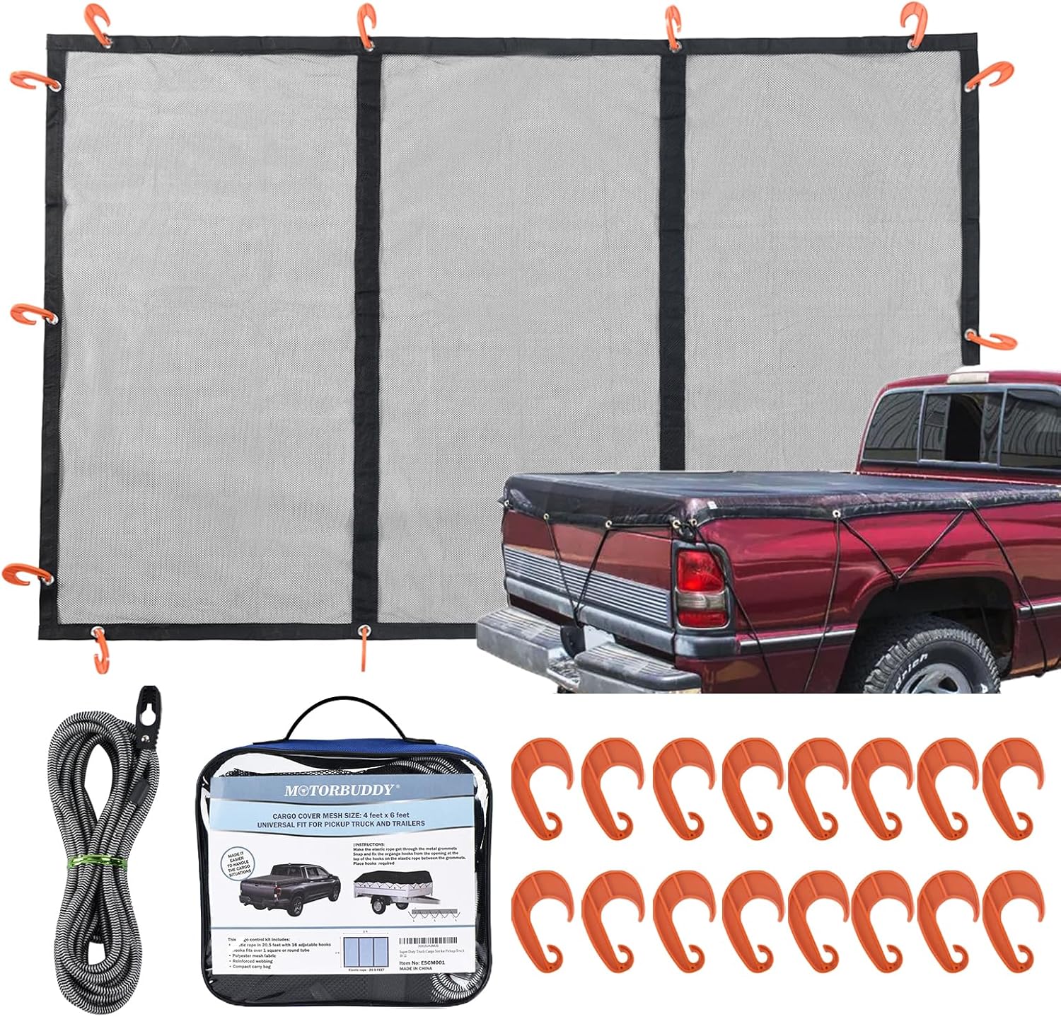 4' x 6' Cargo Cover Mesh Net, Super Duty Large Loads Tighter Truck Bed Organizer Net with 16pcs Hooks & Elastic Rope, Universal for Pickup Truck SUV Trailer Boat RV