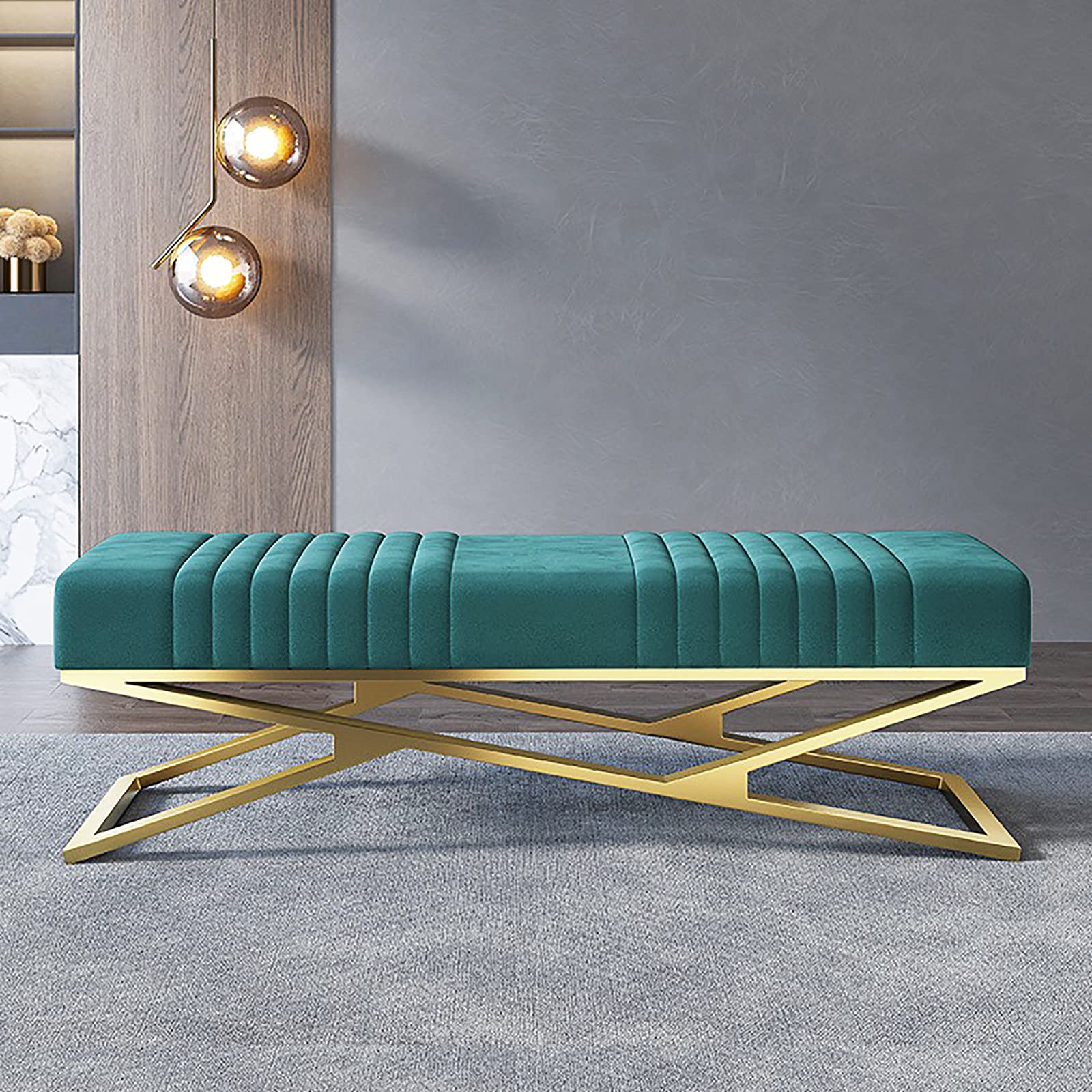 Banc d'entrée en velours bleu capitonné bout de lit moderne 70 cm avec base dorée