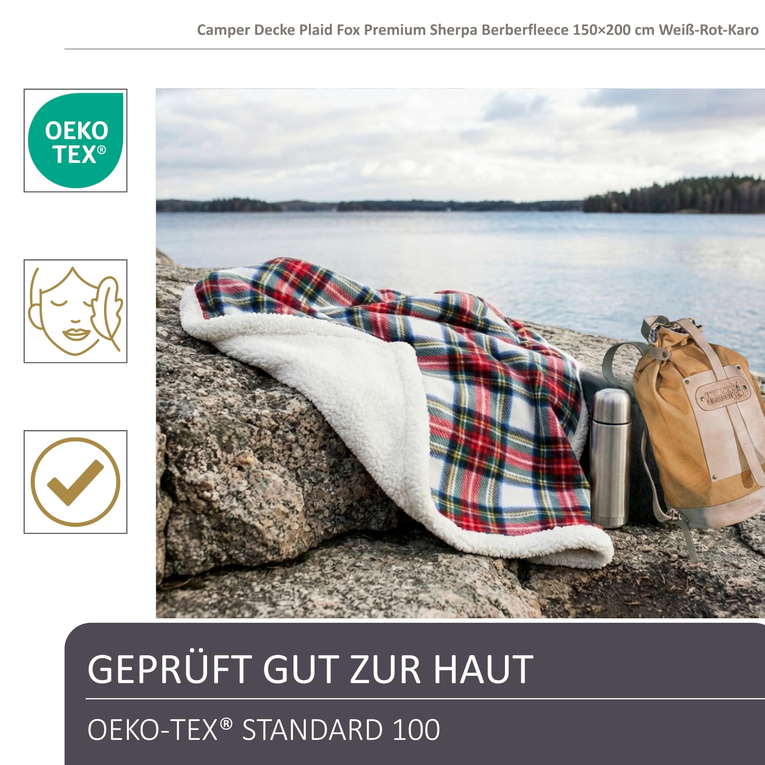 Camper Decke Plaid Fox Premium Sherpa Berberfleece 150×200 cm Weiß-Rot-Karo