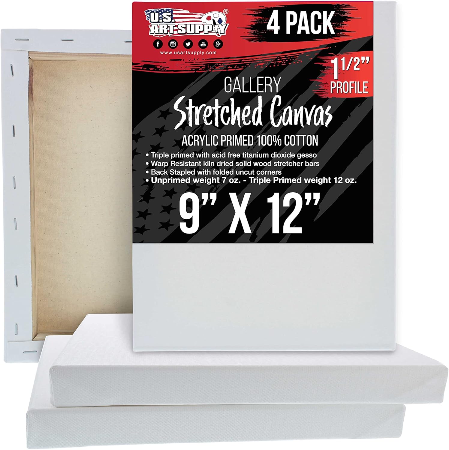 U.S. Art Supply Medium Stretched Canvas for Painting 9x12 inch Gallery Depth 1-1/2" Thick, 4-Pack - 12oz Acrylic Gesso Triple Primed, Professional Artist Quality, 100% Cotton - Oil, Pouring Paint