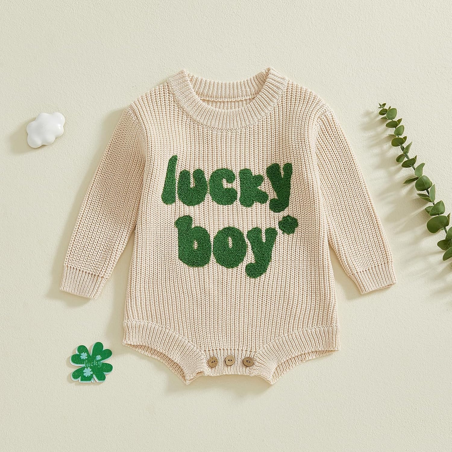 Newborn Infant Baby Boy St Patricks Day Outfit Lucky Boy Embroidery Knit Sweater Romper Long Sleeve Bubble Bodysuit - Image 5