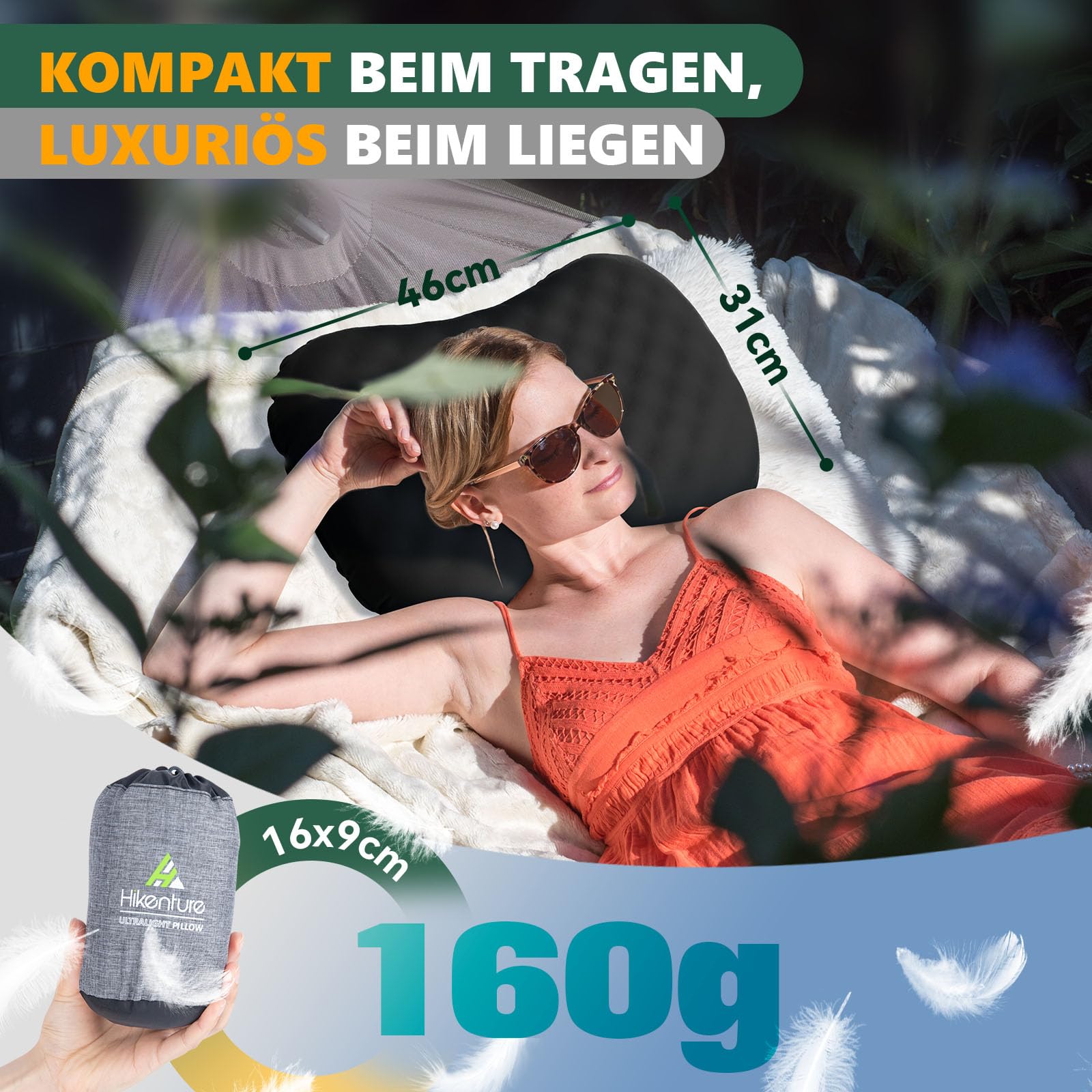HIKENTURE Nadmuchiwana poduszka, poduszka kempingowa, ergonomiczna poduszka pod kark z pianki, poduszka pod głowę, poduszka kempingowa, poduszka podróżna, do użytku na zewnątrz, na plażę, do namiotu
