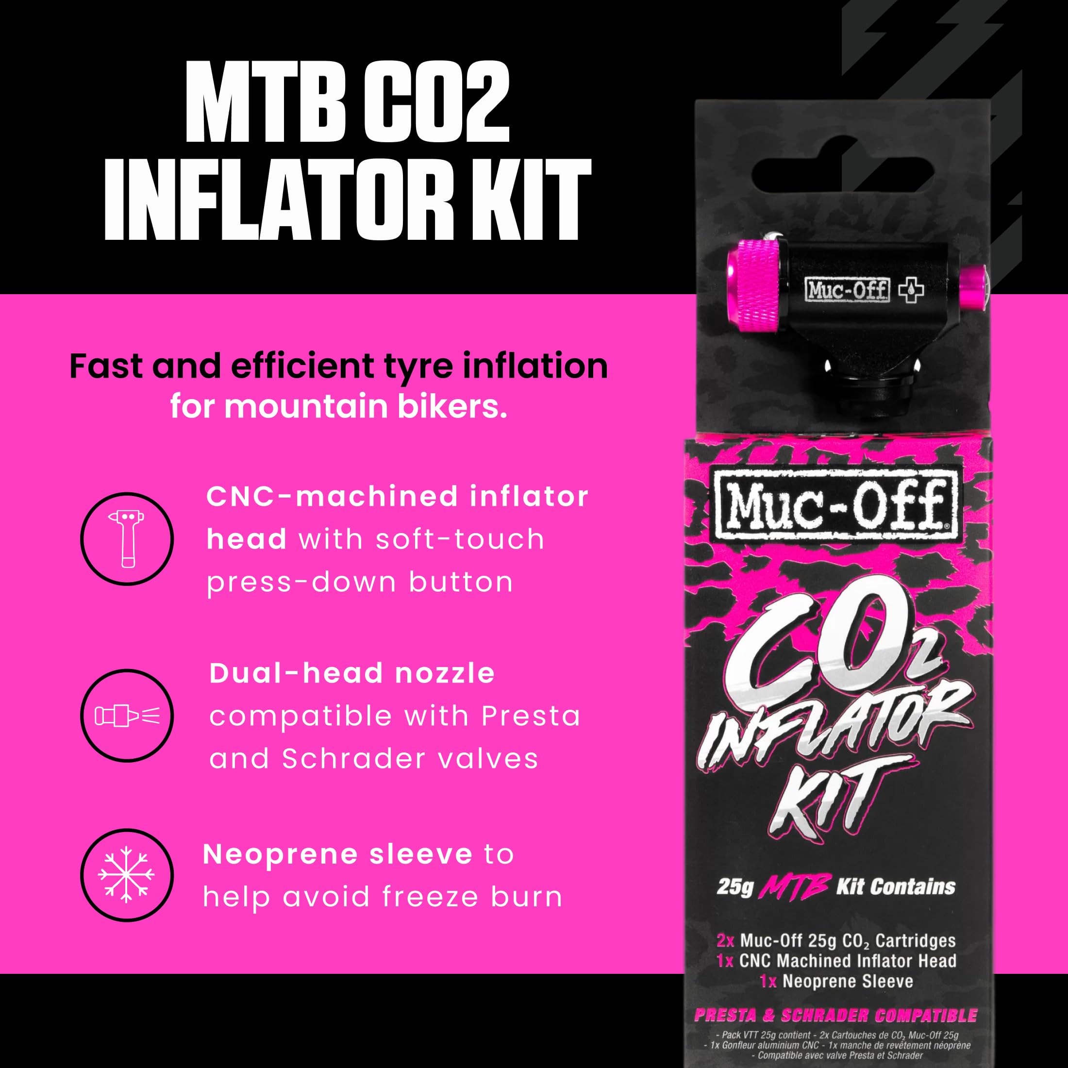 Muc Off Co2 Inflator Kit MTB 2x 25g Co2 Kartusche Neoprenhülle