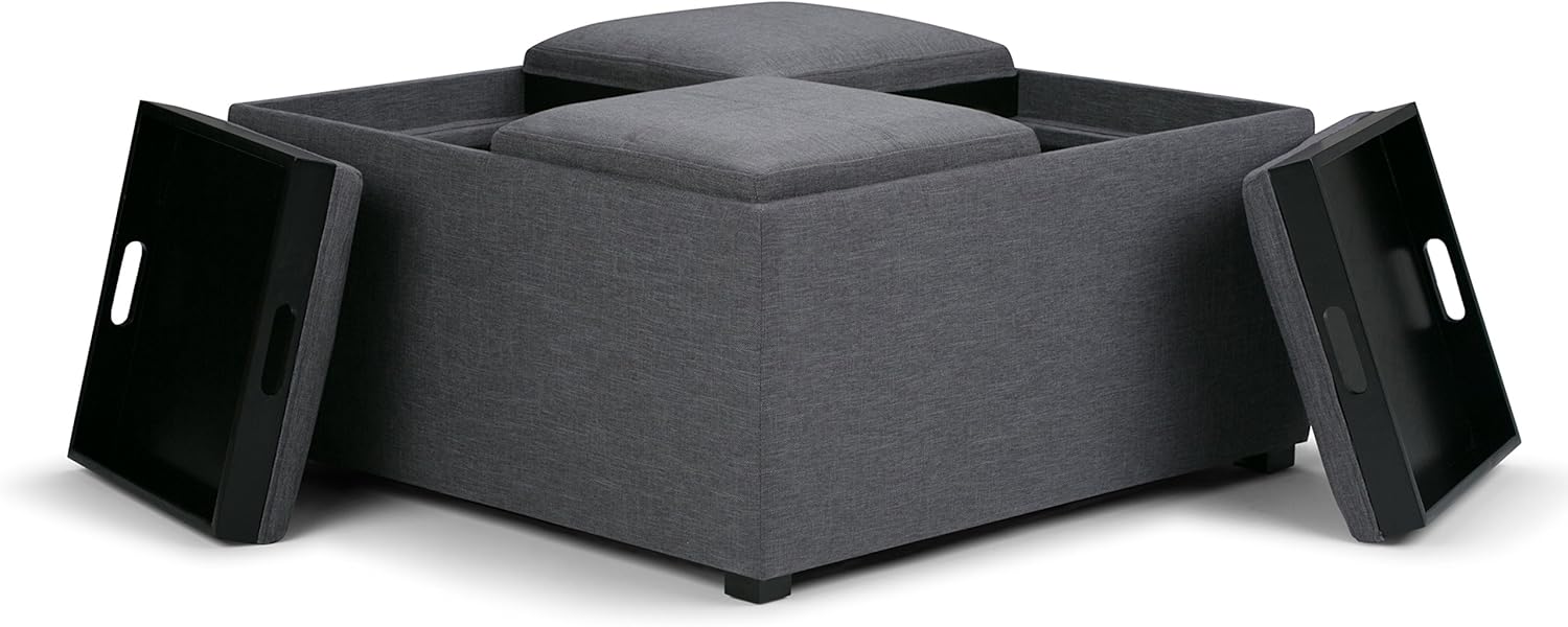 SIMPLIHOME Avalon 35 inch Wide Contemporary Square Coffee Table Storage Ottoman in Slate Grey Linen Look Fabric, Assembled, For the Living Room and Bedroom