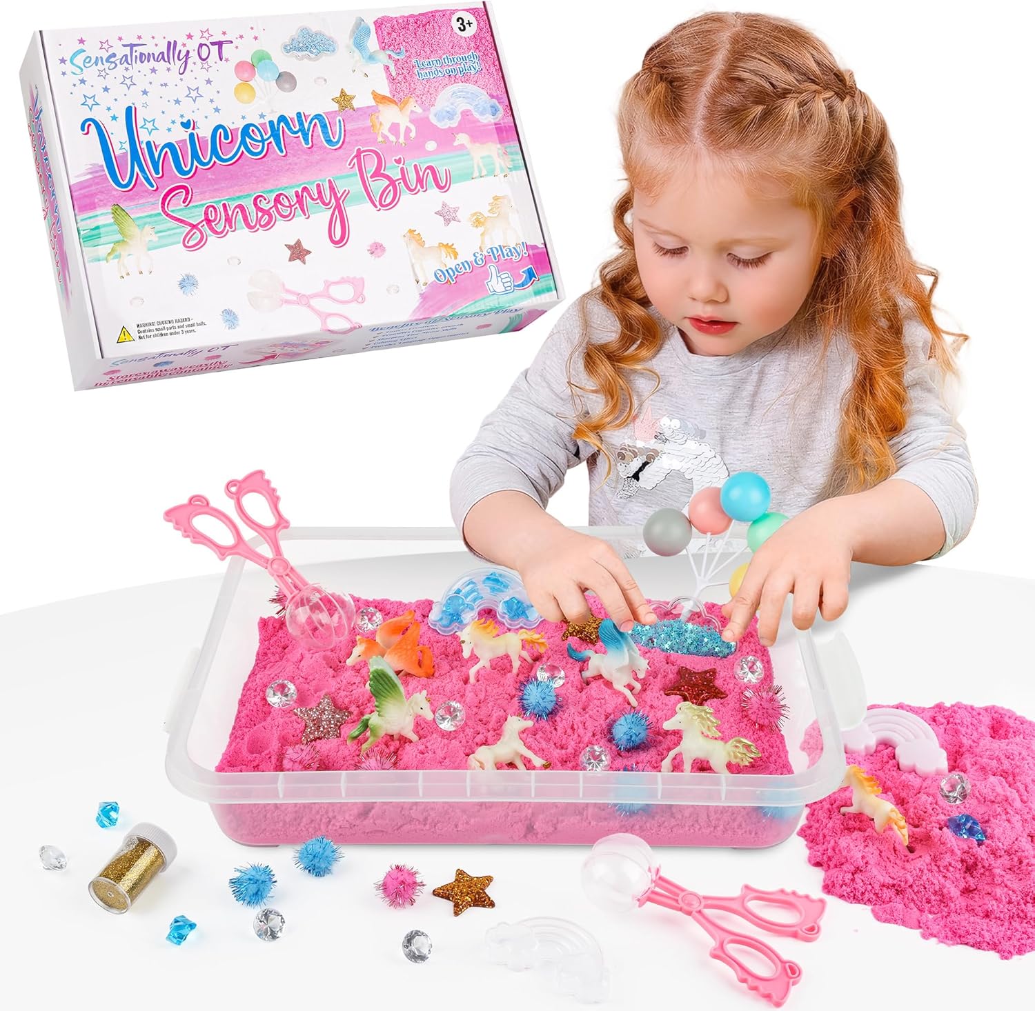 Unicorn Sensory Sand Bin-38 PCS Set with 2 lb Magic Sand, Sensory Bin for Toddlers & Scooper-Count Sparkly Pom-Poms, Bring Unicorns to Life - Ideal Gift for Kids