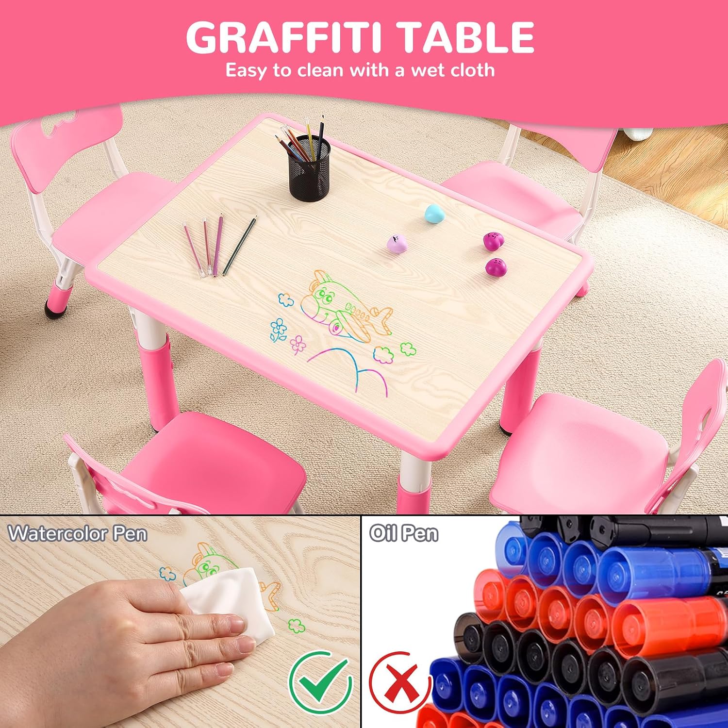 Kids Table and 4 Chairs Set, Height Adjustable Toddler Table and Chair Set with Graffiti Desktop, Easy to Wipe for Classroom Daycare Home, Children Multi-Activity Arts & Crafts Table for Ages 2-8