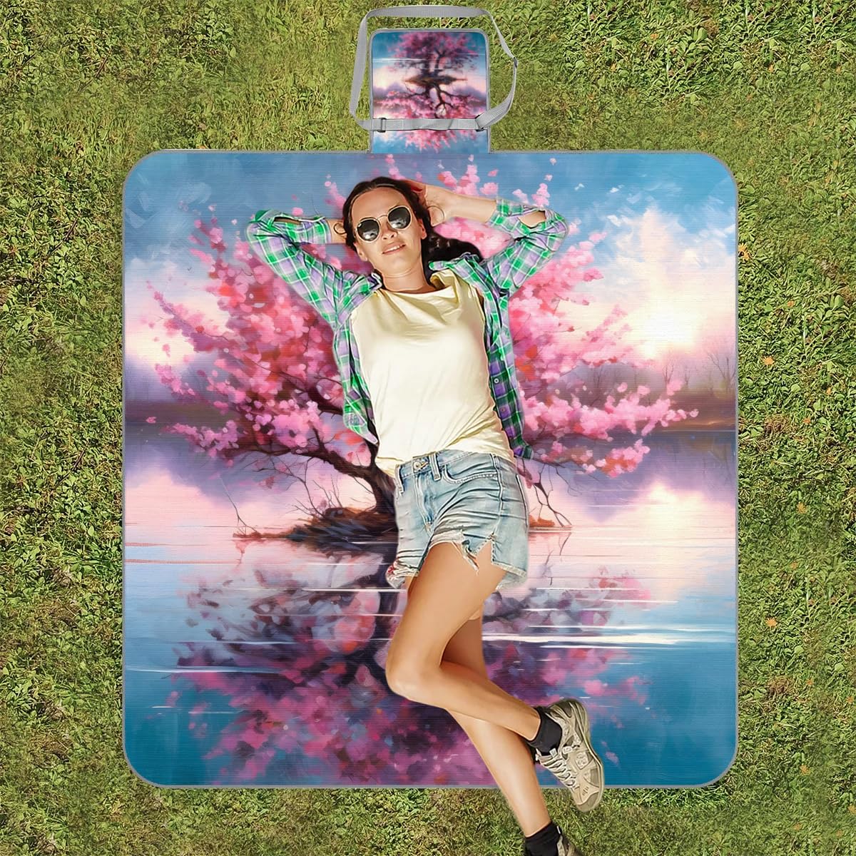 Manta cuadrada de picnic con diseño de árbol de flores de acuarela, impermeable, plegable, para interiores y exteriores, para camping, playa, parque, reuniones familiares