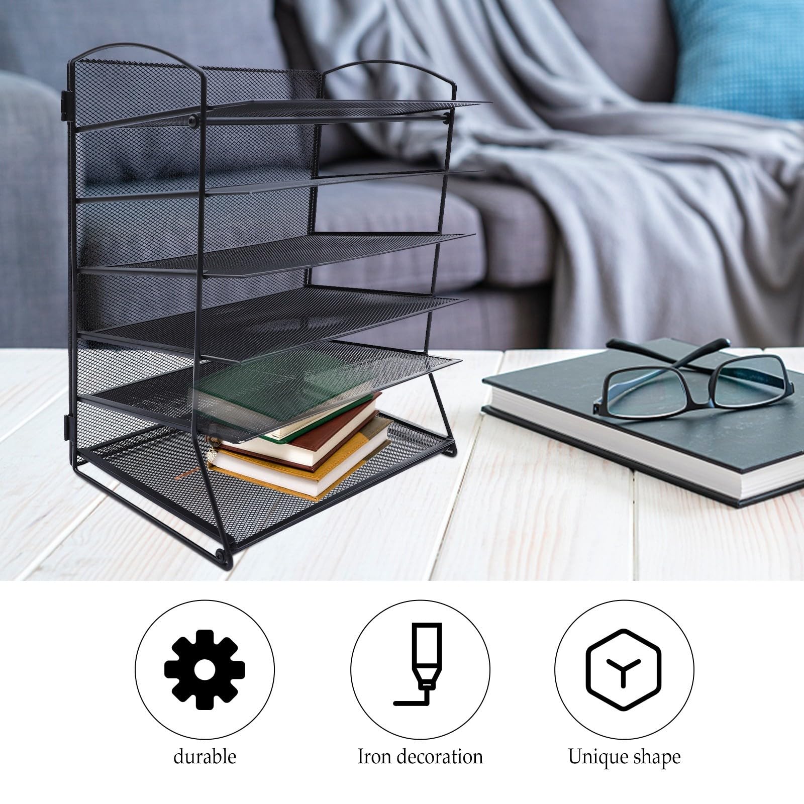 YARNOW Organisateur de Bureau en Fer Noir Multi-étages pour Rangement Documents et Livres Design Moderne, Maison Travail