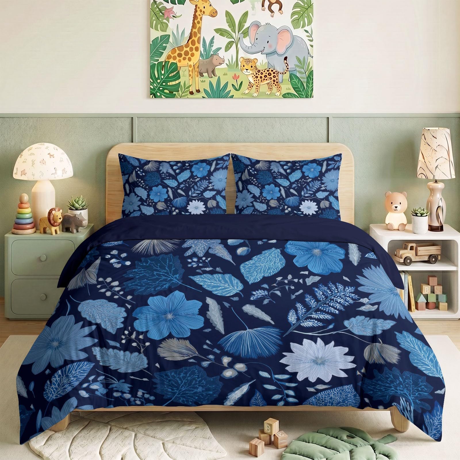 Funda nórdica de 180 x 200 cm azul reversible con diseño abstracto de plantas y 2 fundas de almohada