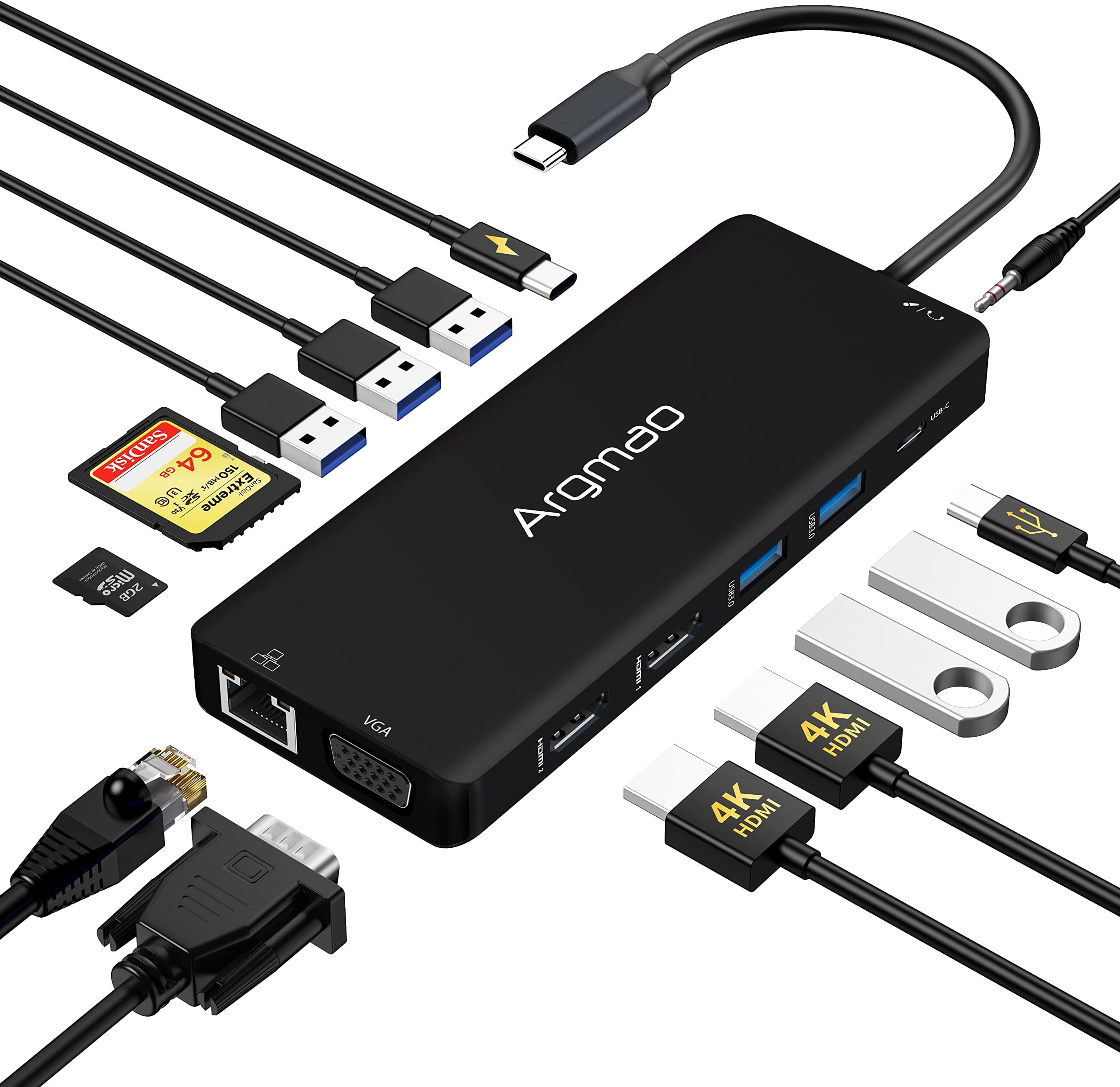 USB C Laptop Docking Station, 14 in 1 Type C Hub with 3 Monitors, Dual HDMI, VGA, PD, Ethernet, SD/TF, USB C/A Ports, Mic/Audio, Multiport Adapter Dongle Compatible for MacBook/Dell/HP/Lenovo