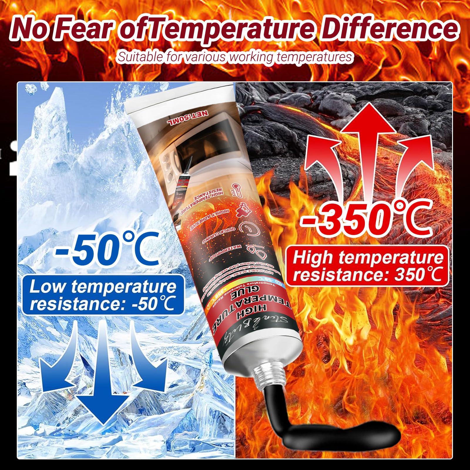 Sigillante Alta Temperatura, Colla Alta Temperatura Nero, Colla per Cavi di Tenuta,Adesivo Resistente al Calore Adatto per Porta Forno,Elettrodomestici,Caminetti, Stufe, Scudi Termici,50ml,2 Pezzi