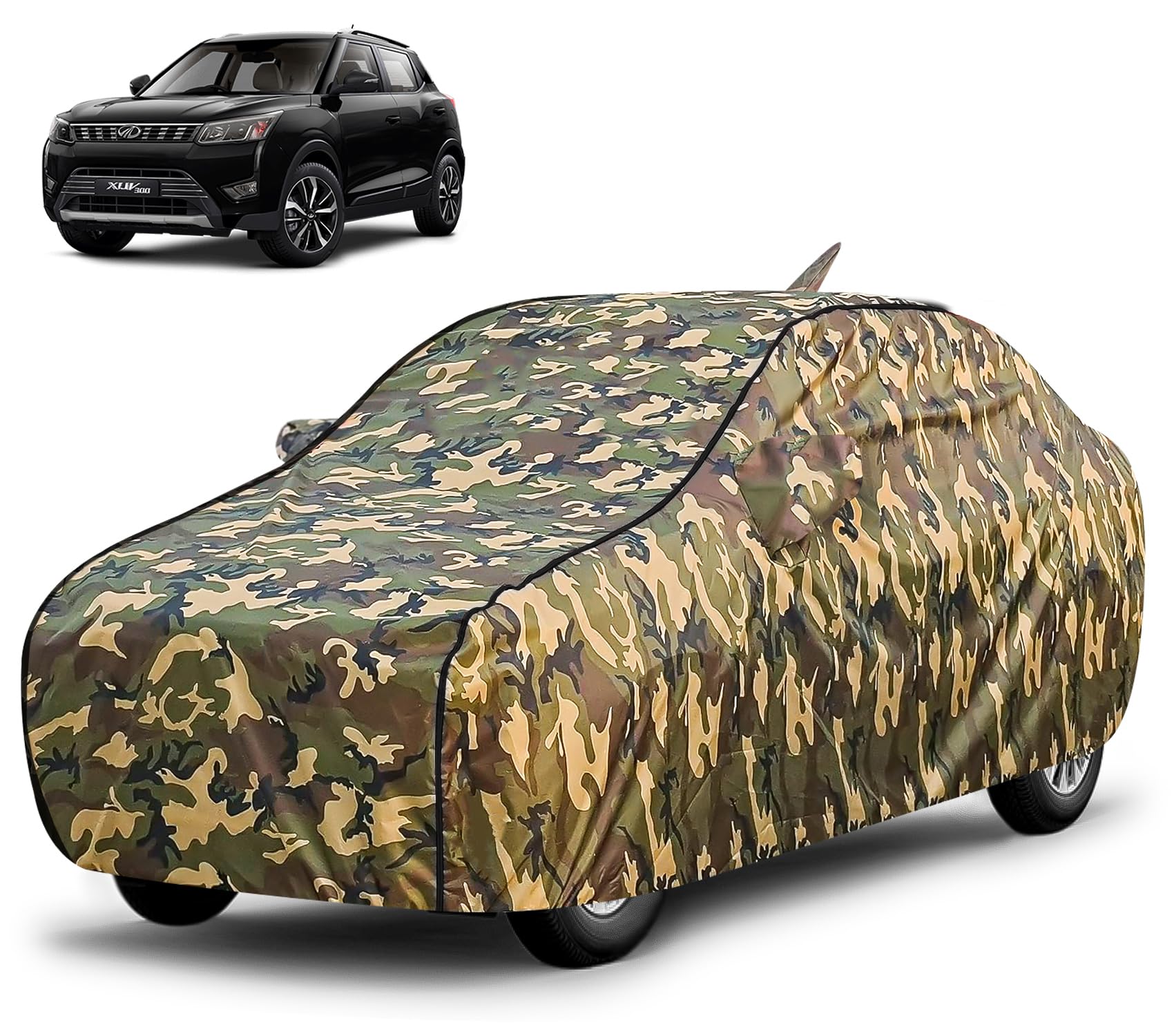 FABTEC Waterproof Car Body Cover for Mahindra Xuv 300 with Mirror and Antenna Pocket, Triple Stitched (Military, Jungle Print, Camouflage Design)