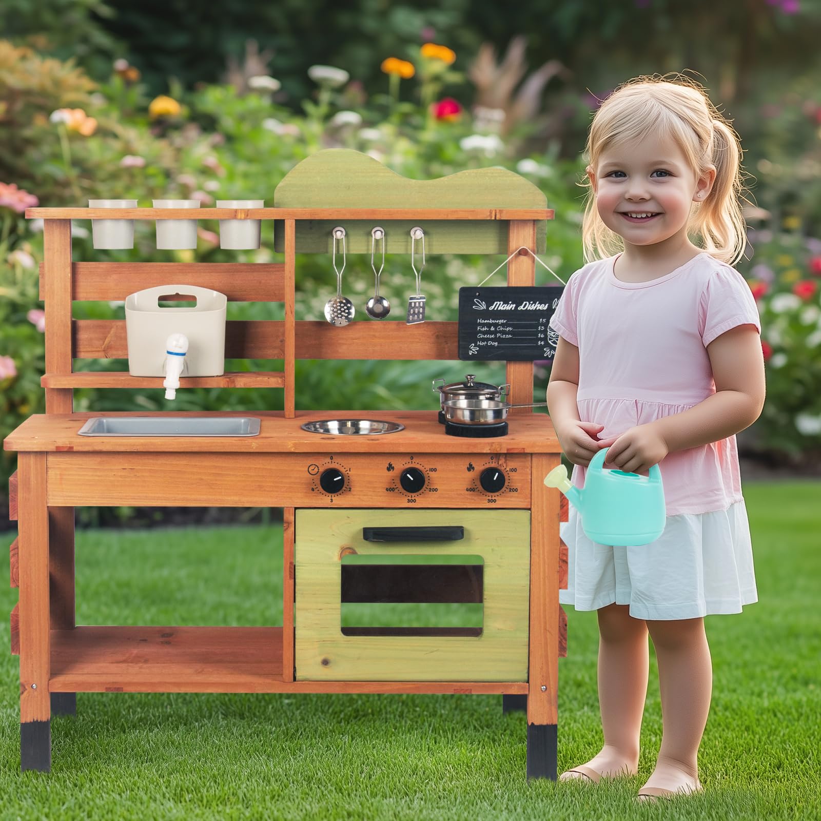 WoodenFun Cocina de juego para exteriores, cocina de jardín, cocina de barro para niños, con pizarra, hervidor de agua, fregadero, recipiente para plantas de madera, cocina infantil (verde)