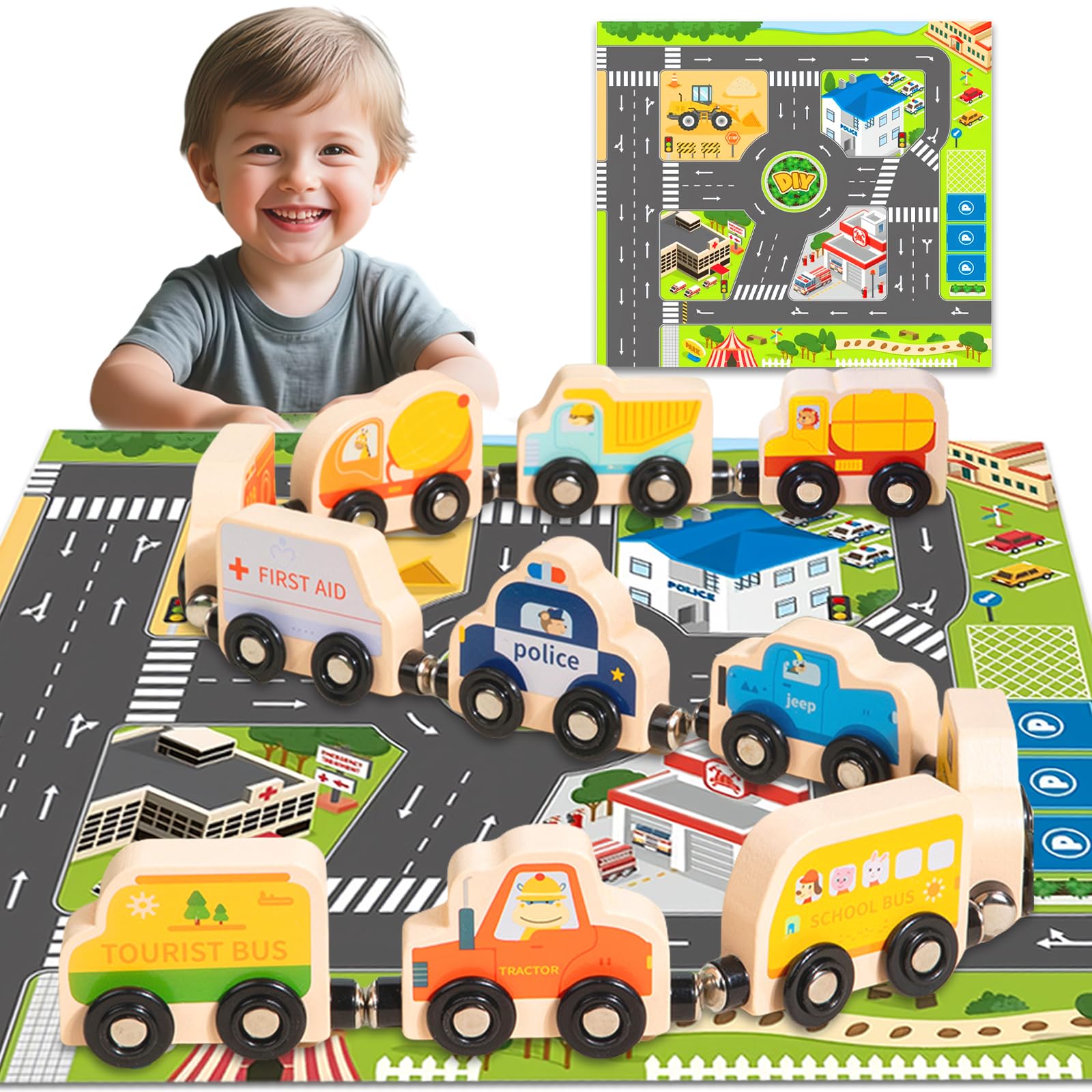 AMFUN Montessori Toys for 1 2 3 4 Year Old Boy,Magnetic Wooden Train Set with Game Map, Educational Toy Gift for Toddlers- Christmas Easter Birthday Gift