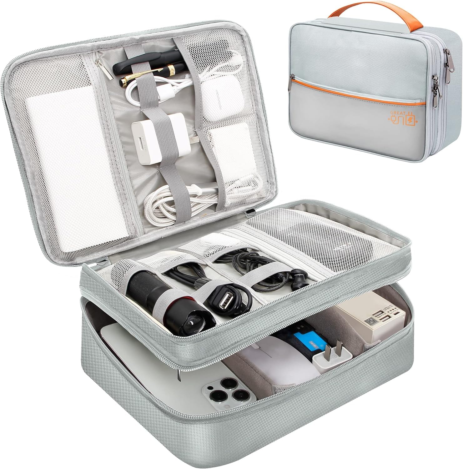 CLUSPEX Electronics Travel Organizer, Double Layer Cable Organizer Bag Watreproof Electronics Accessories Storage Bag for Cord, Charger, Phone, Power Bank, Hard Drive (Gray)