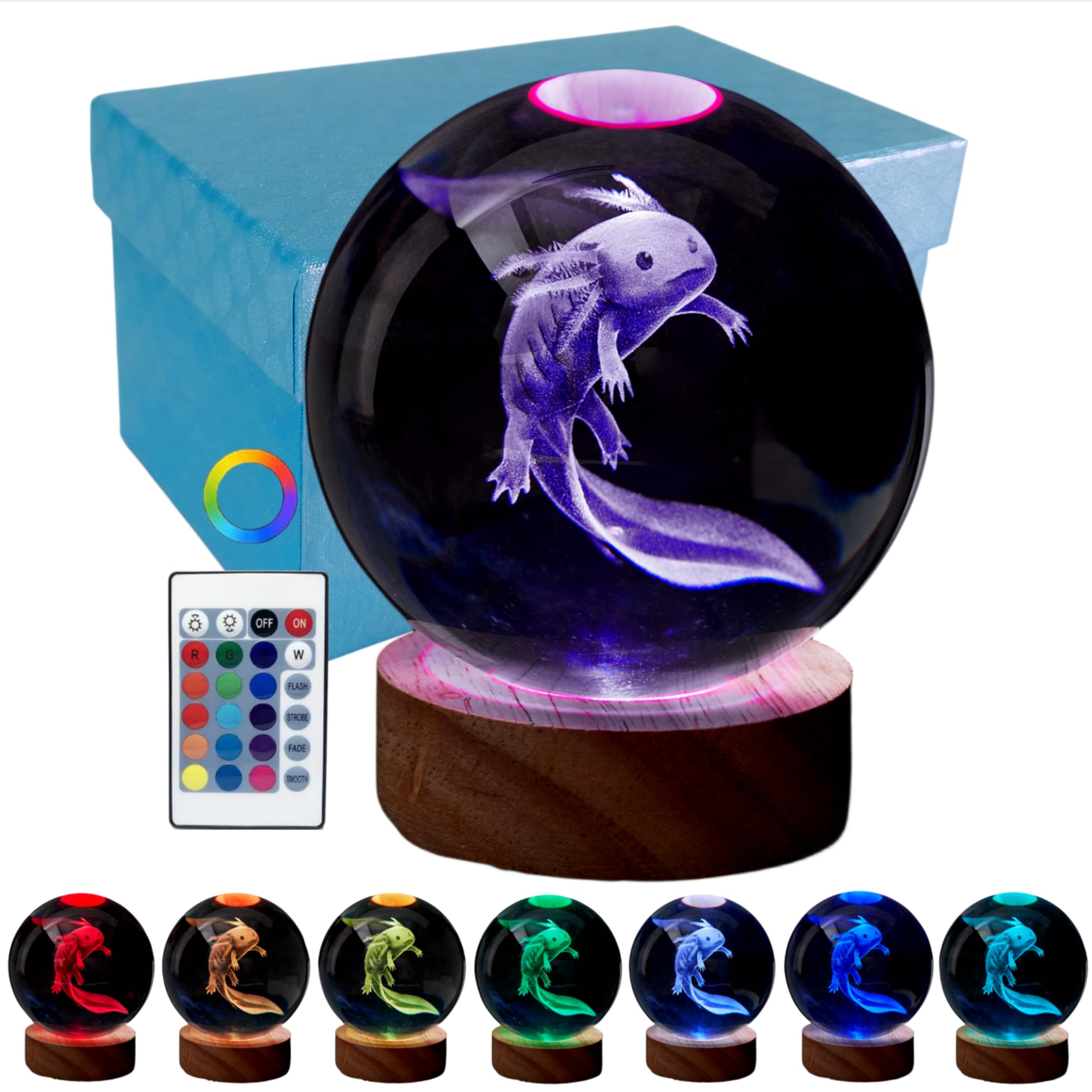 3D Axolotl Crystal Ball Night Light, Upgraded 3.15 Inch Crystal Axolotl Lamp with LED Wooden Base, 16 Colors Change with Remote Control, Birthday Christmas Gifts for Friends (Axolotl - G)