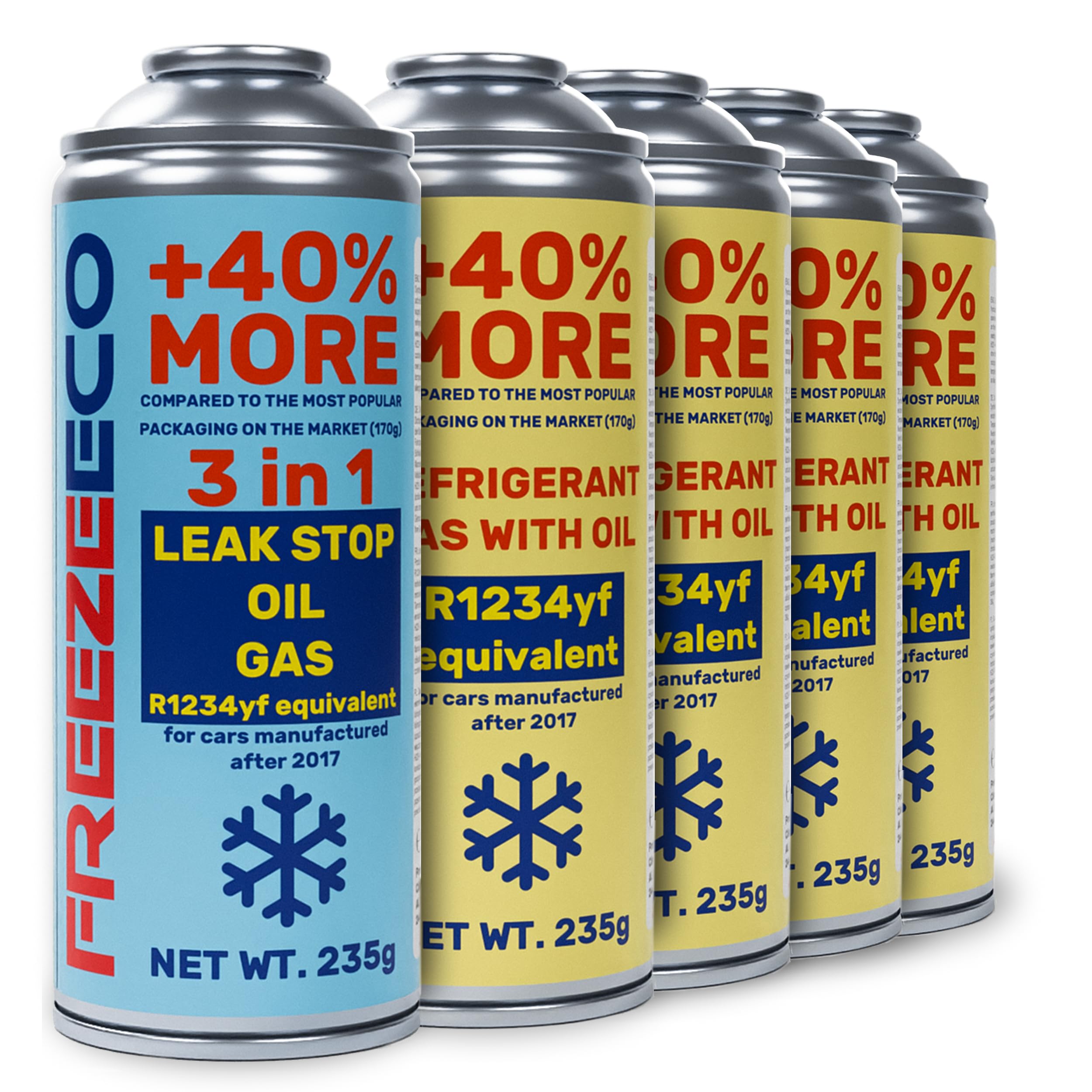 FREEZECO 3 en 1 + 4 x 2 en 1 – R1234yf – Reemplazo de refrigerante + 4 latas de repuesto de refrigerante con aceite de relleno de aire acondicionado para vehículos después de 2016, 235 g