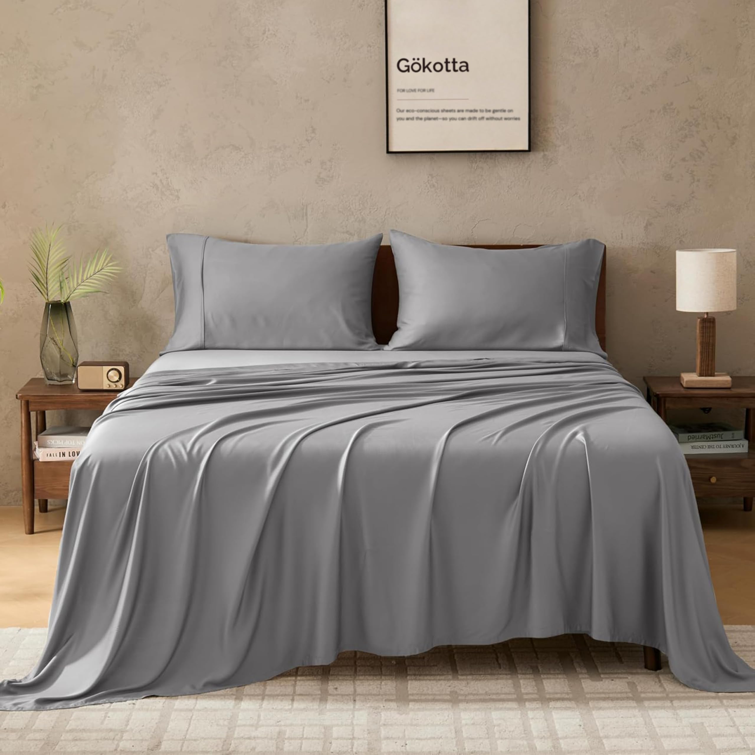 GOKOTTA Full Size Bed Sheets 4 Piece Set, 100% Rayon Derived from Bamboo, Cooling for Hot Sleepers-Luxury Breathable Soft Sheets, Deep Pocket 15" Fitted Sheet with Elastic Corner Straps, Grey