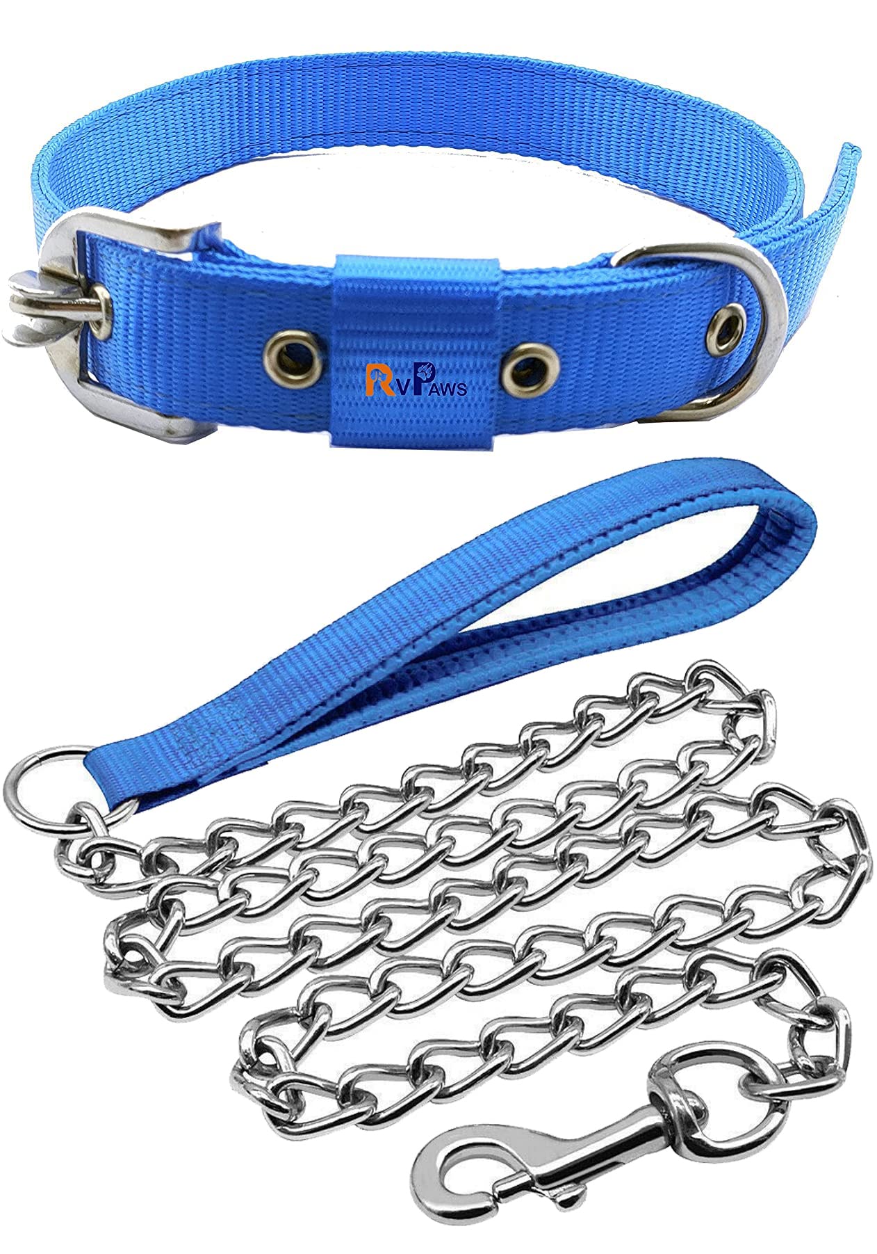 Woofy 1" Inch Thick Medium & Large Dog Collar with Dog Handle Chain I Collar Size 43 to 55 CM I Handle Chain No. 8 Length 5 ft - Combo of Red Collar with Dog Handle Chain (Blue) (B0BWW5RM1B) Amazon Price History, Amazon Price Tracker