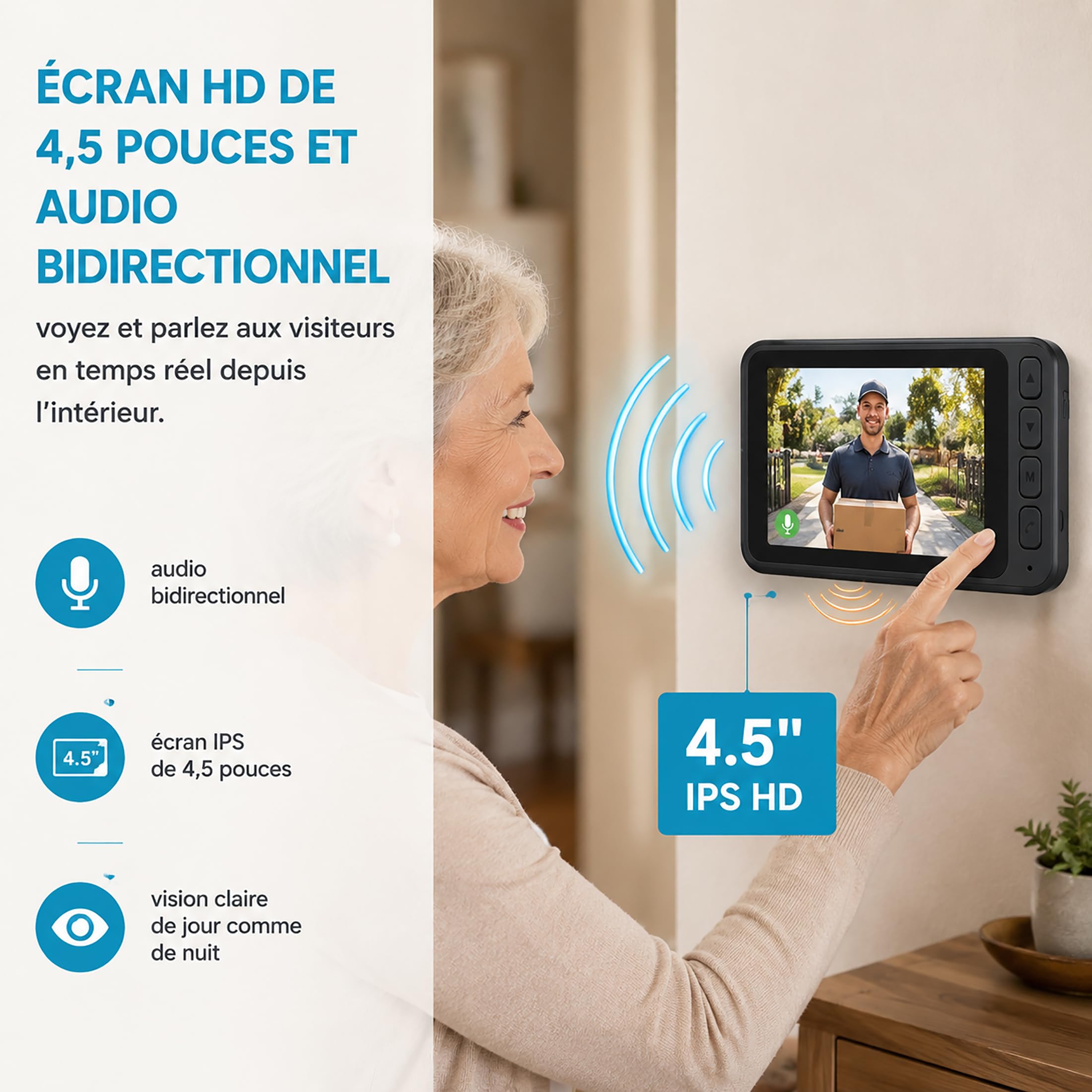 Sonnette sans Fil avec Caméra Extérieure Étanche IP65, Visiophone sans Fil Portée 40m, Interphone Vidéo sans Fil 1000mAh, Écran IPS 4.5 Pouces, Vision Nocturne Infrarouge, sans WiFi sans Application