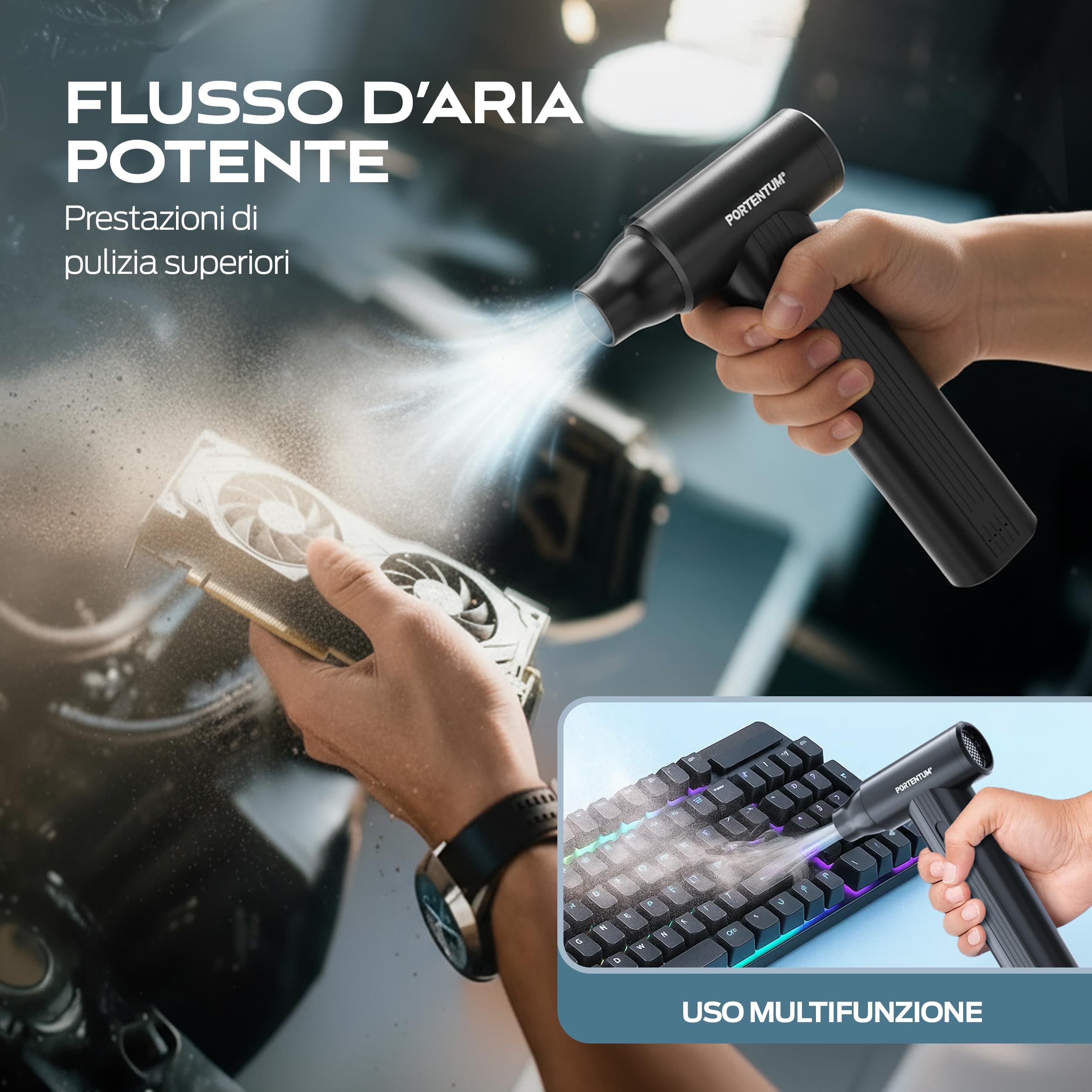 PORTENTUM 2 in 1 Mini Aspirabriciole senza fili 25 kPa – Batteria 10000 mAh fino a 135 min USB-C – Aria compressa elettrico 180 km/h brushless – Aspirapolvere auto a velocità regolabile – Set da 11