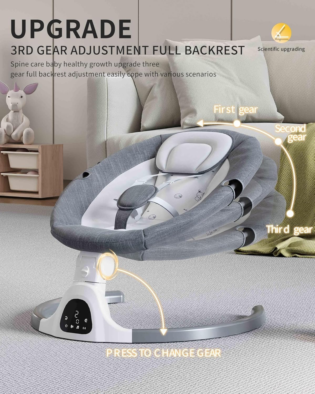 Ajustable Altura Baby Swings Bluetooth, altavoz de música de 5 velocidades con 12 canciones de cuna preestablecidas, control remoto para bebés de 5 a 20 meses, juegos de regalo para bebés (gris)