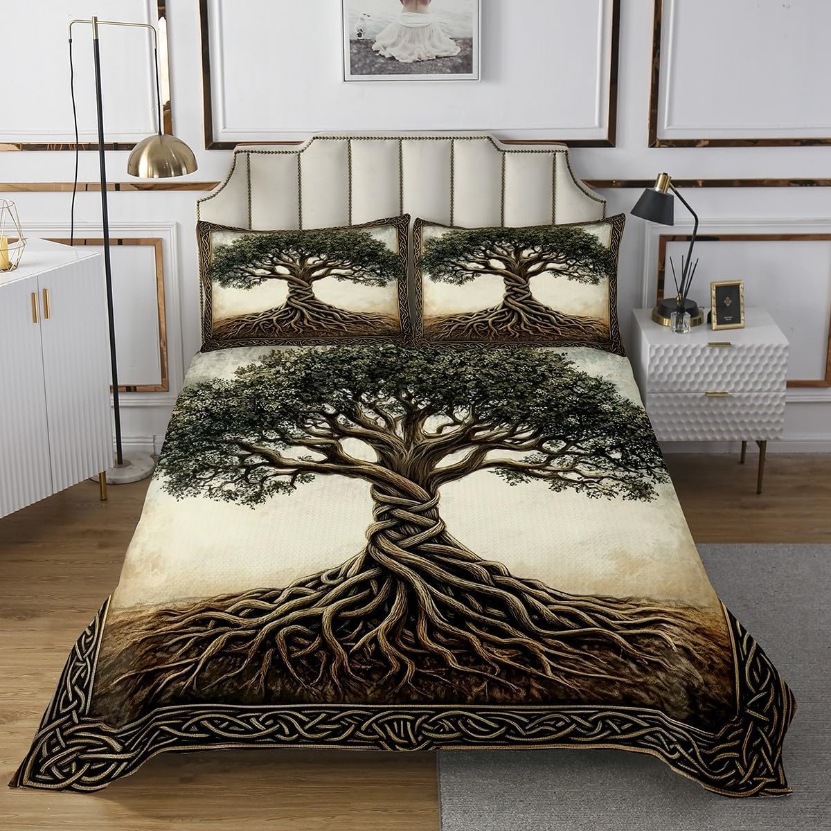 Exotic Style Leaves Plant Bedspread King,Abstract Nature Landscape Quilted Coverlet 3pcs for Adults Teens Room Decor,Tree of Life Soft Breathable Bedding Quilt