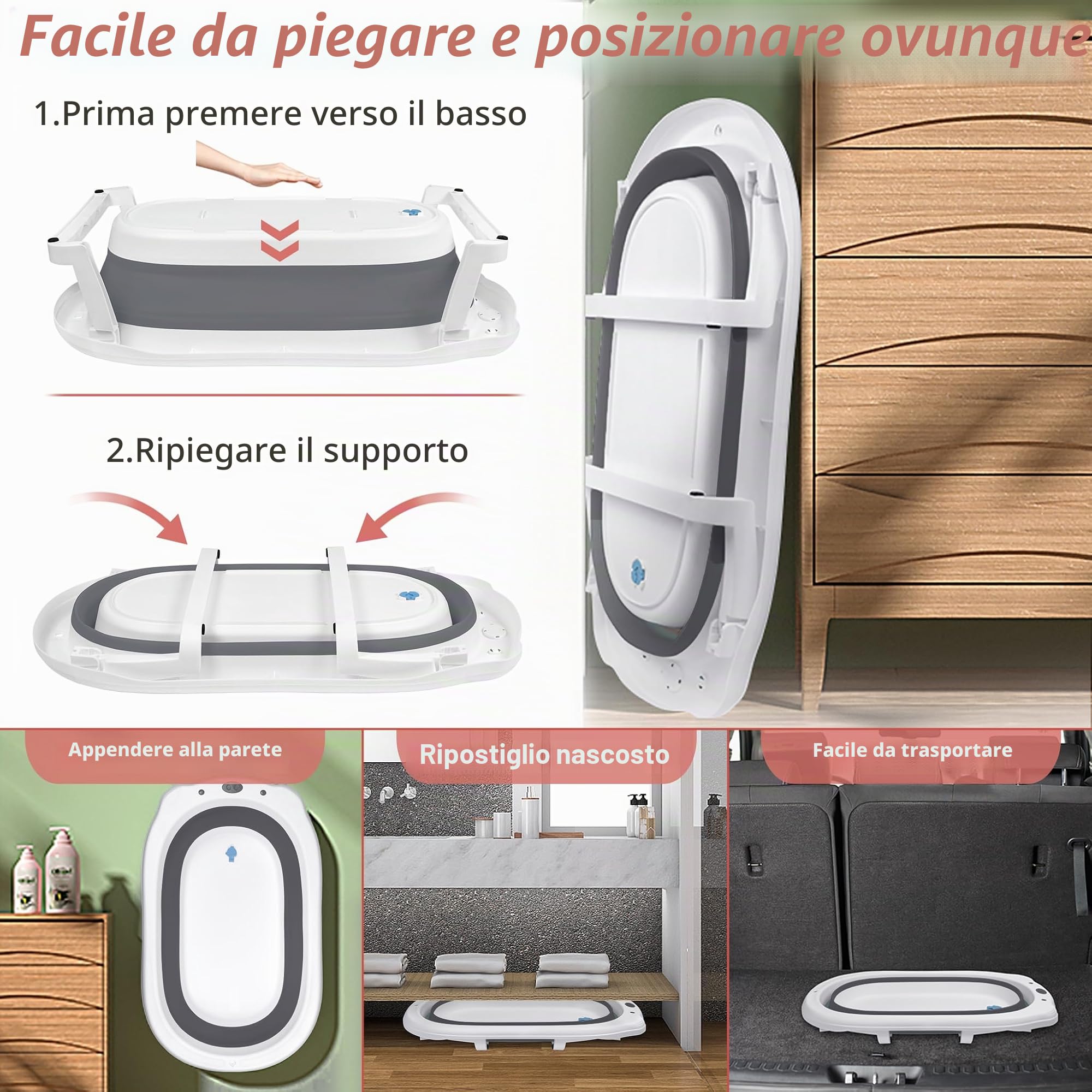 Froadp Vasca da bagno pieghevole per neonati con fori di scarico e poggiapiedi antiscivolo, navicella ergonomica per neonati (antracite, con cuscino)