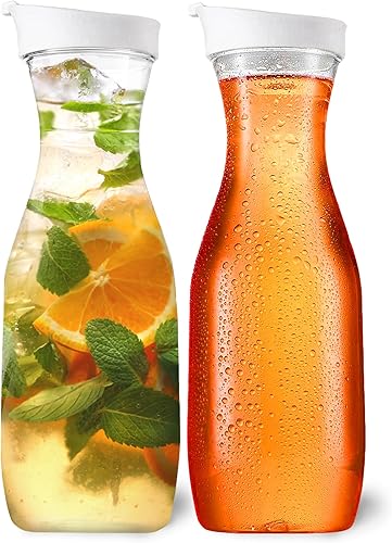 Miniatura 12 de DilaBee Jarra de plástico con tapa (paquete de 4, 32 onzas) dispensador redondo de bebidas de plástico para agua, jugo, té helado, jarras de agua