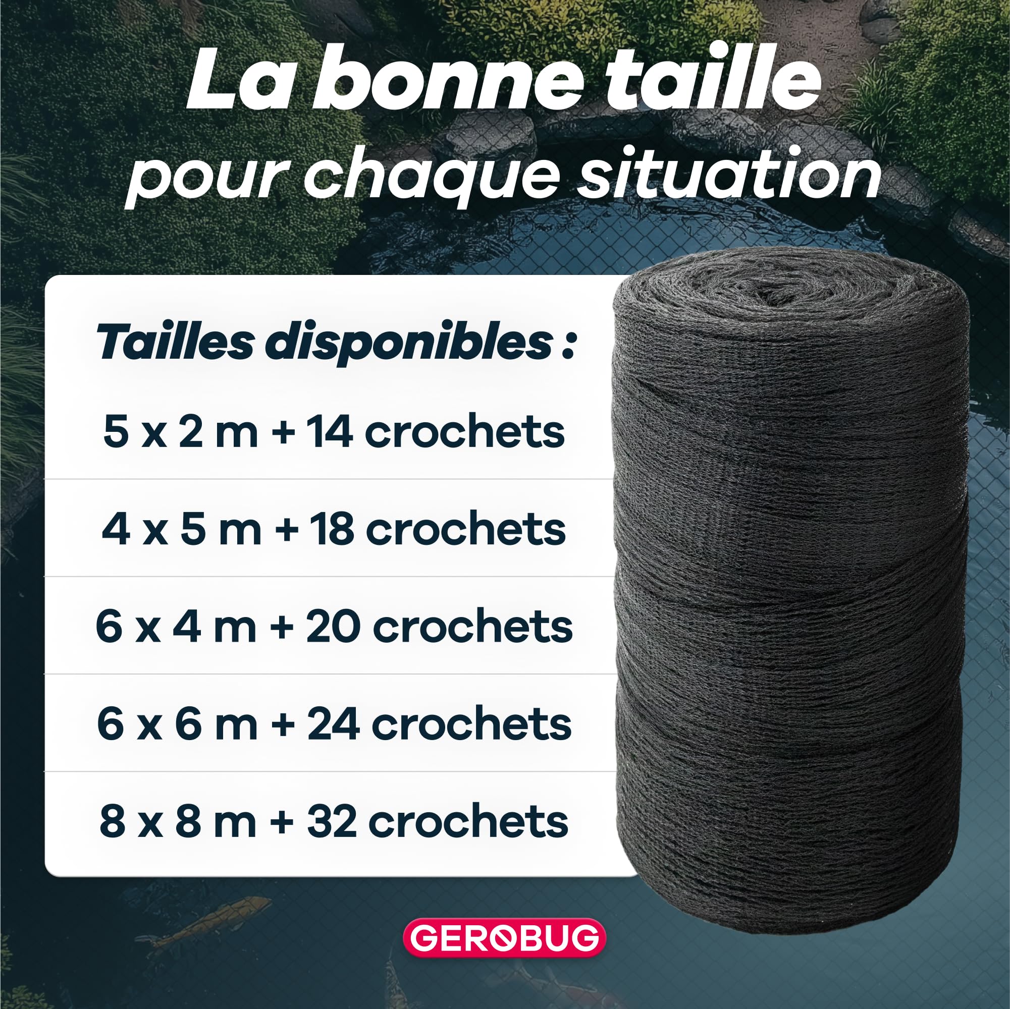 GEROBUG Filet de bassin mailles fines 5 x 2 m résistant aux intempéries UV protection hérons oiseaux filet