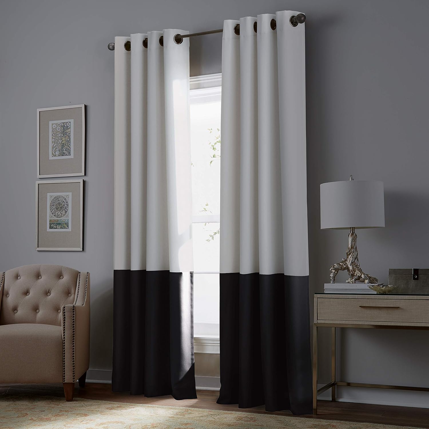 Curtainworks 1Q80660GWT Kendall Color Block Room Darkening Grommet Curtain Panel, 84-inch, White/Grey Blackout