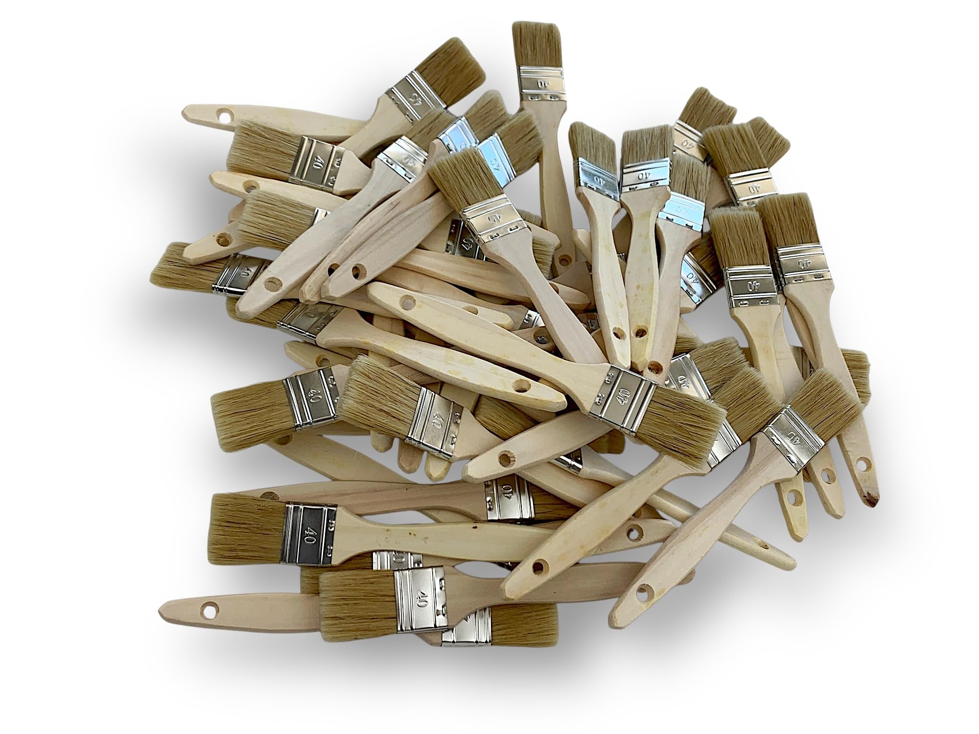 Lote de 50 pinceles de cola de bacalao 40 mm | seda blanca natural | mango madera en bruto | pinceles planos multisoporte, pintura en aceite, acrílico, barnizado, barnizado, pegamento | Kibros 320