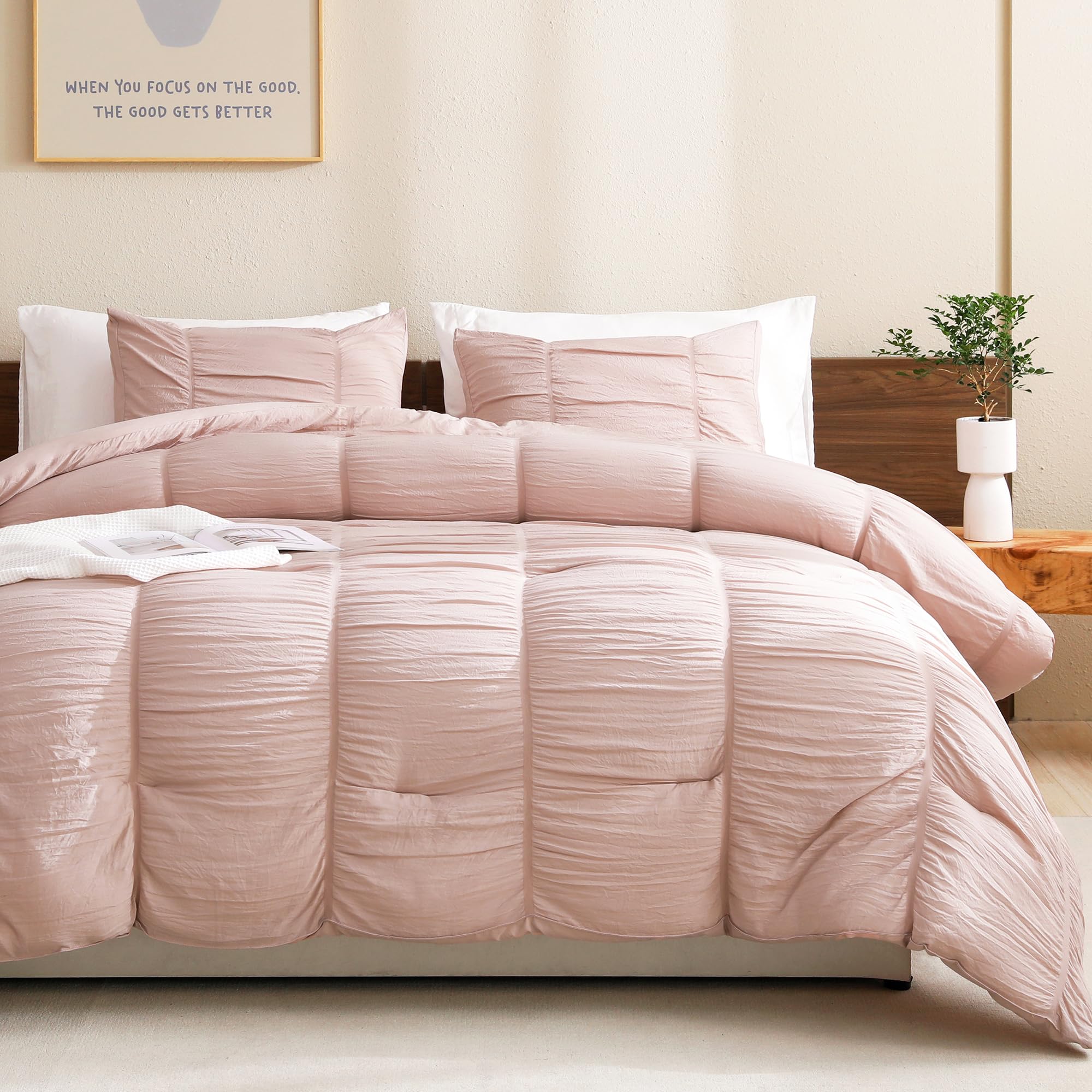 Andency Pink Comforter Set Queen (90x90 inches), 3 Pieces - Soft Microfiber Lightweight Seersucker Comforter with 2 Pillowcases, All Season Striped Textured Bedding Comforter Sets