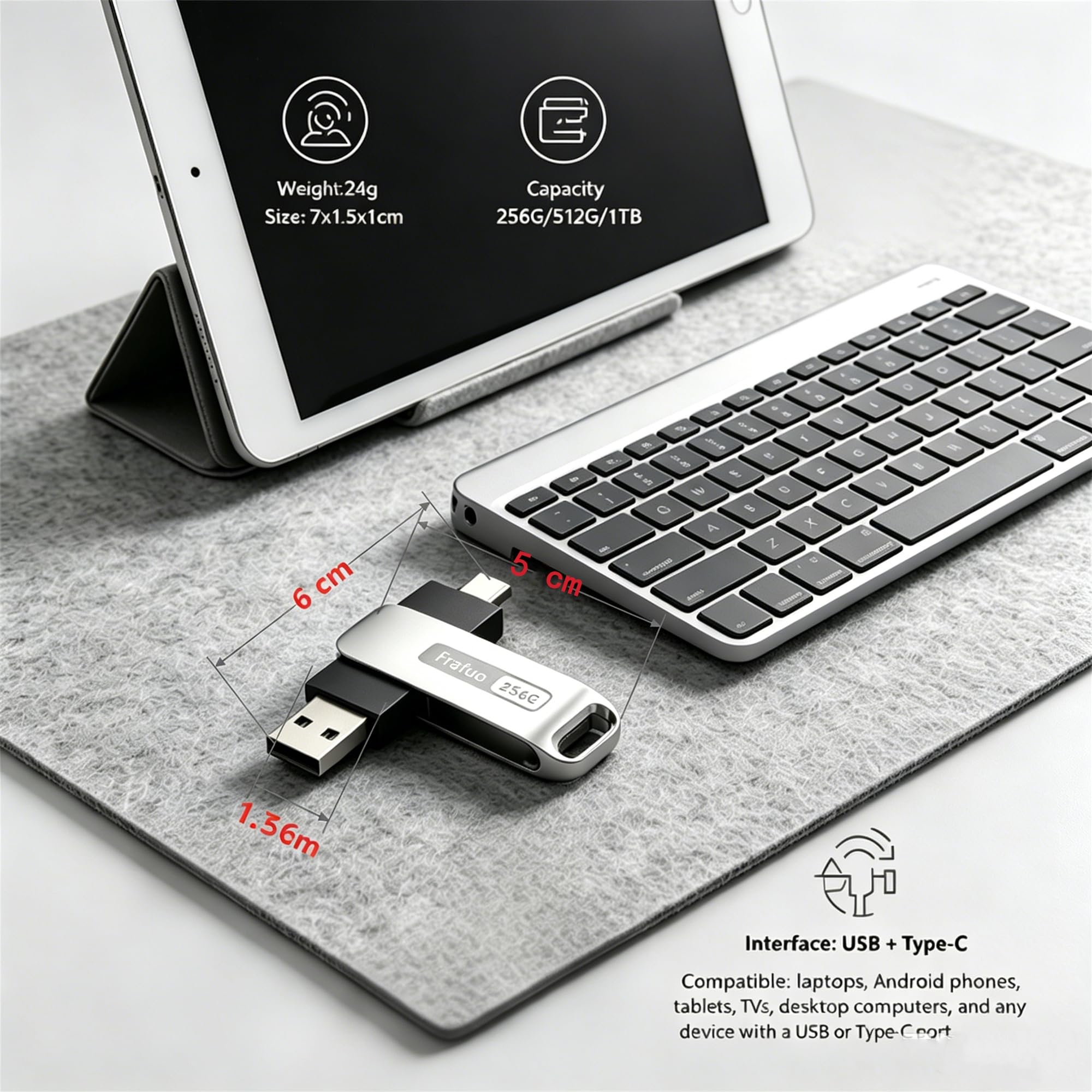 Clé USB USB-C pivotante double USB-A pour PC Android 256 Go