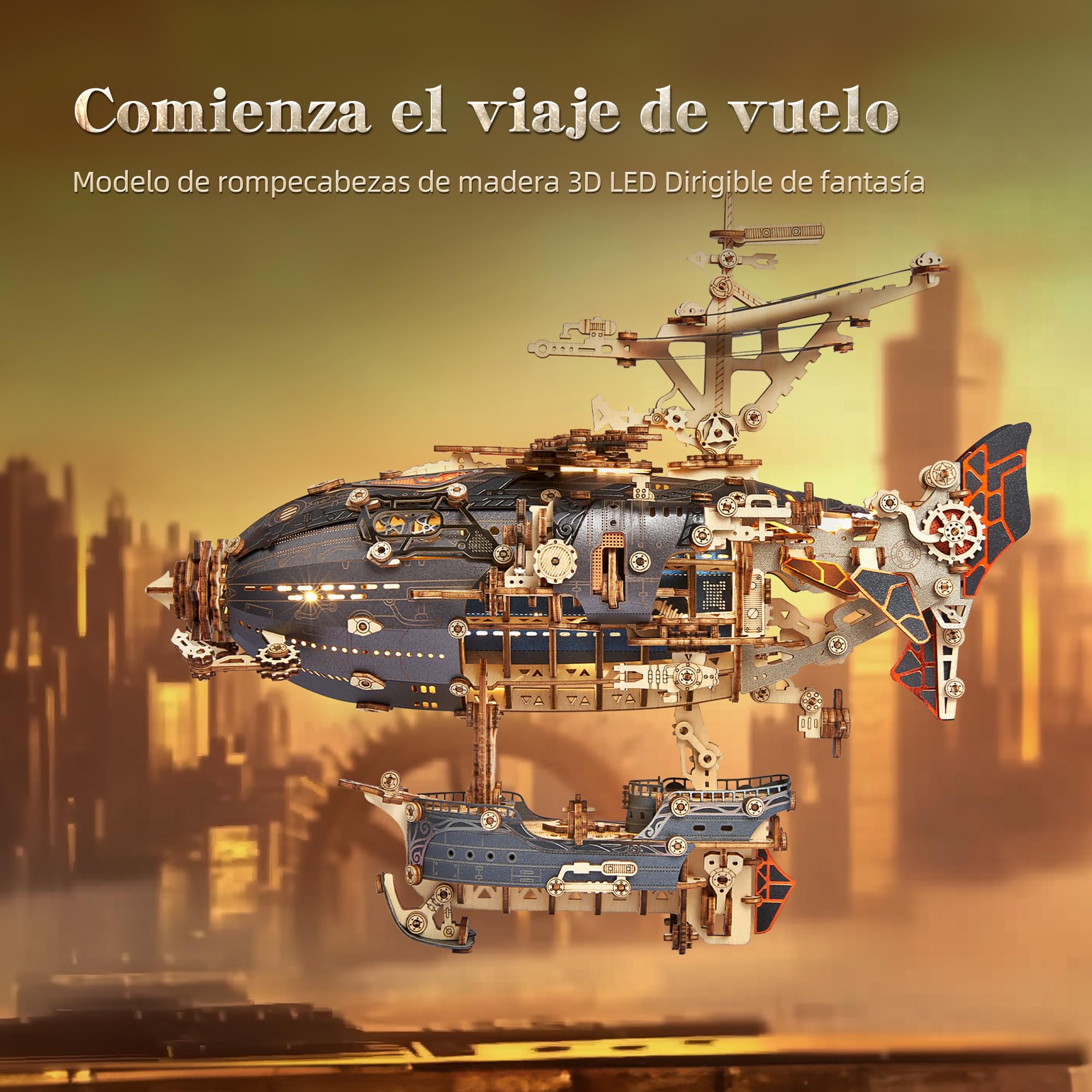 FUNPOLA LED Puzzle 3D de Madera Modelo de dirigible - Steampunk Maquetas para Construir Adulto con LED - Construcción de Modelo de dirigible de Madera para Adultos (Gris)
