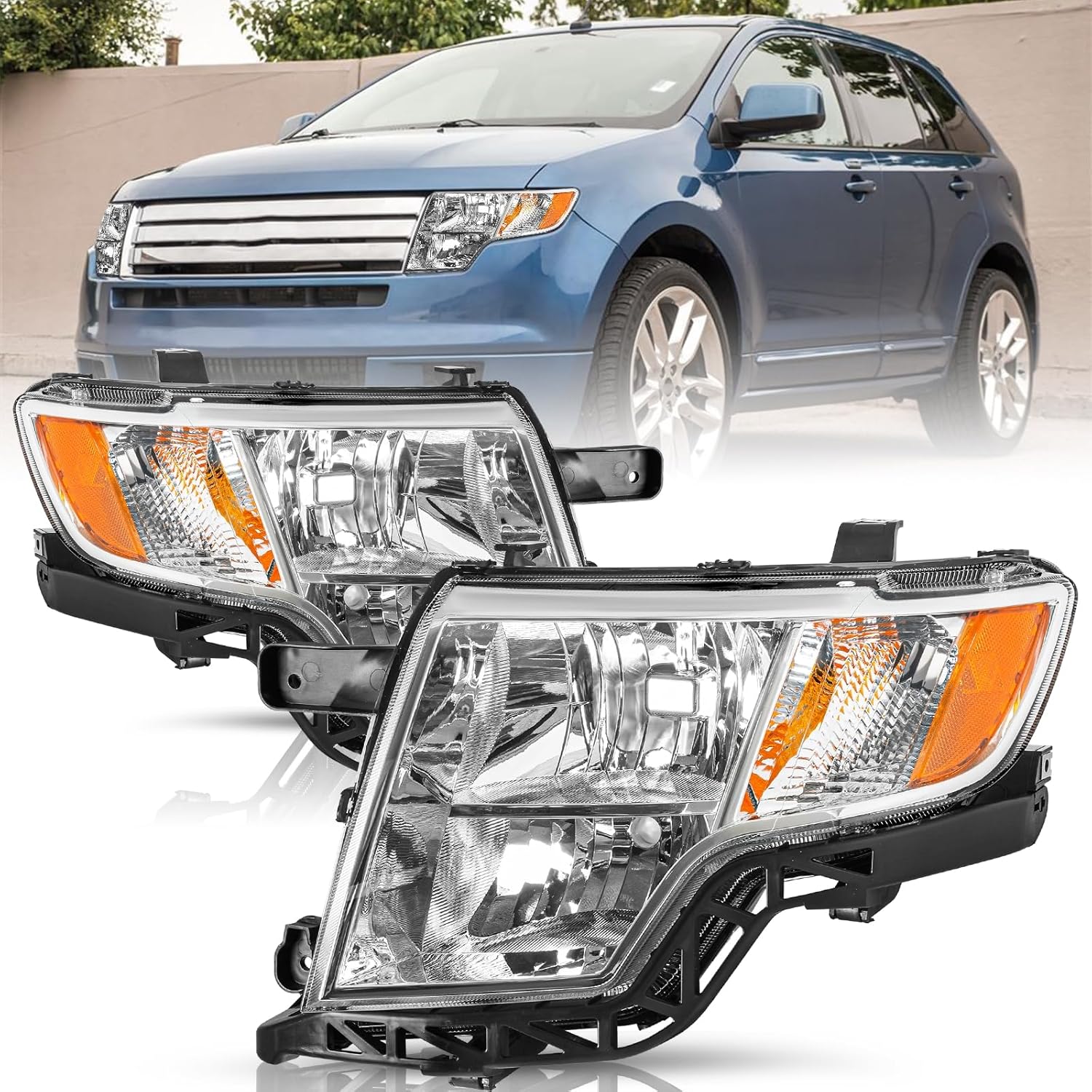 TUSDAR Upgraded Lens Headlight Assembly Set for 2007-2010 Ford Edge Halogen Headlamp, Chrome Housing with Amber Reflector